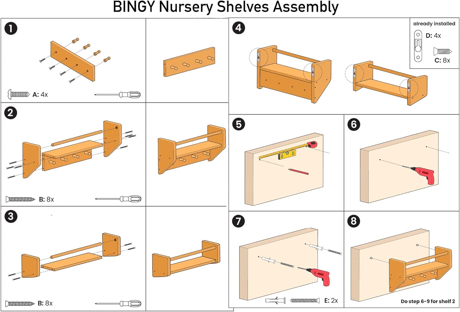 BINGY Wall Bookshelves with Hooks - 2 Tier Solid Wood