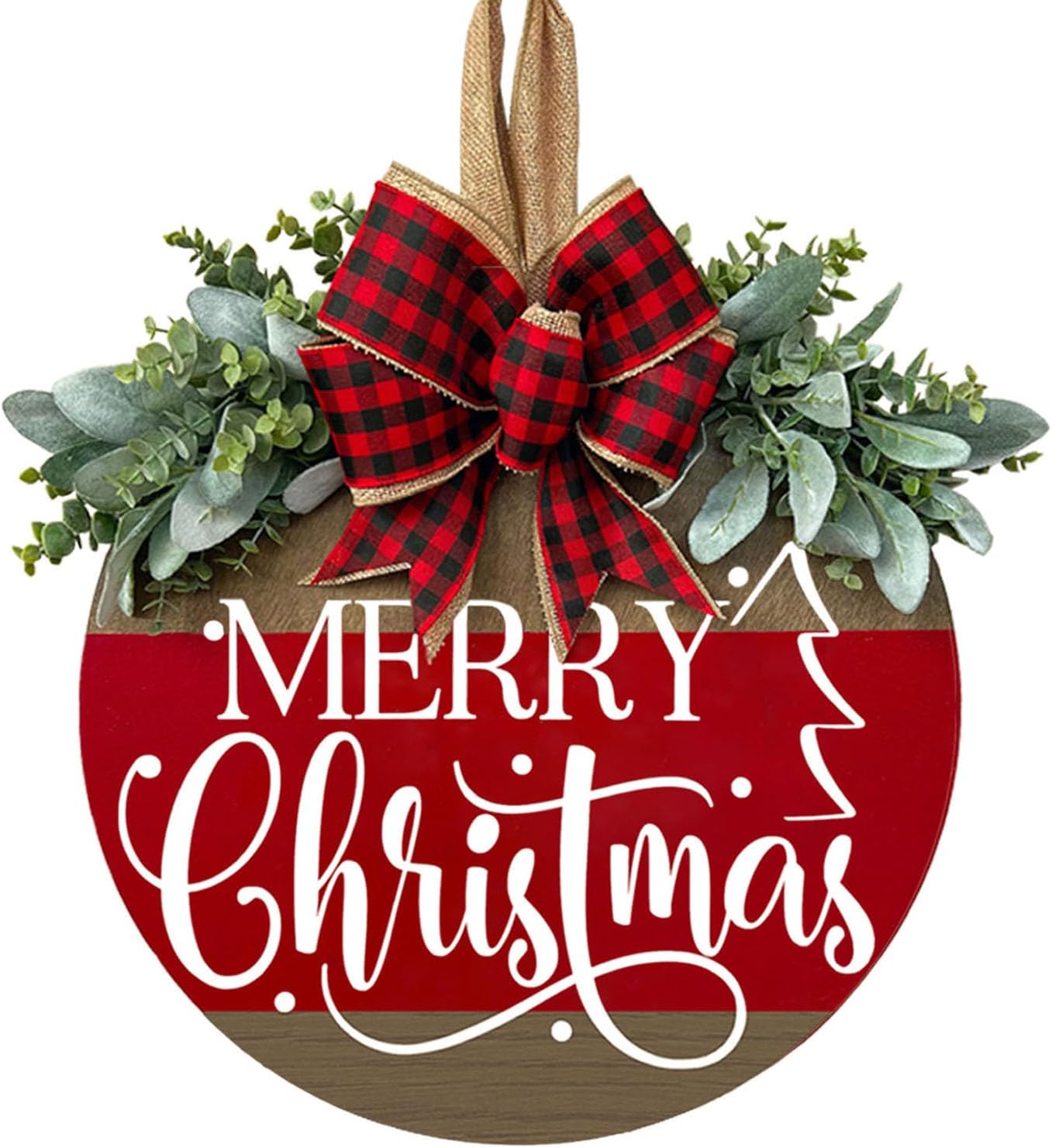 Red Plaid Christmas Welcome Door Sign with Deer and Snowflakes