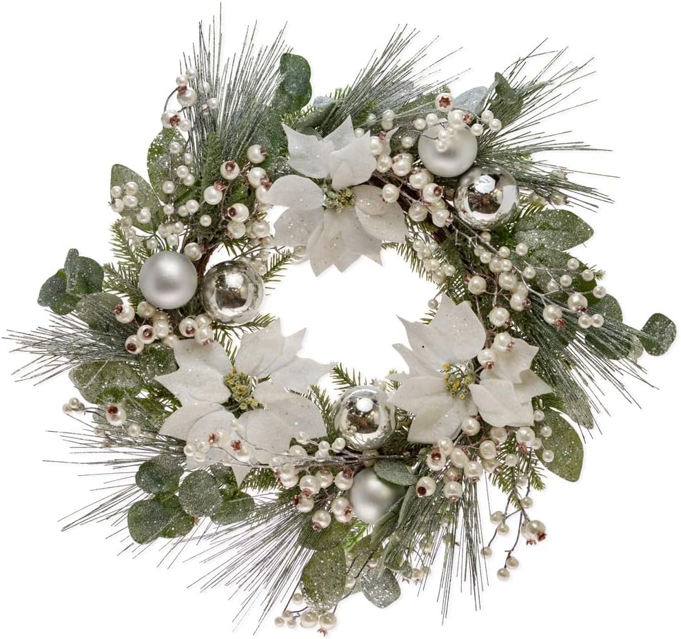 Boston International 26-Inch Winter Wreath with White Poinsettia and Silver Ball