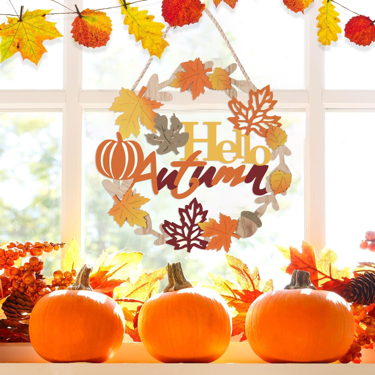 Hello Fall Sign Wooden Welcome Wreath for Front Door