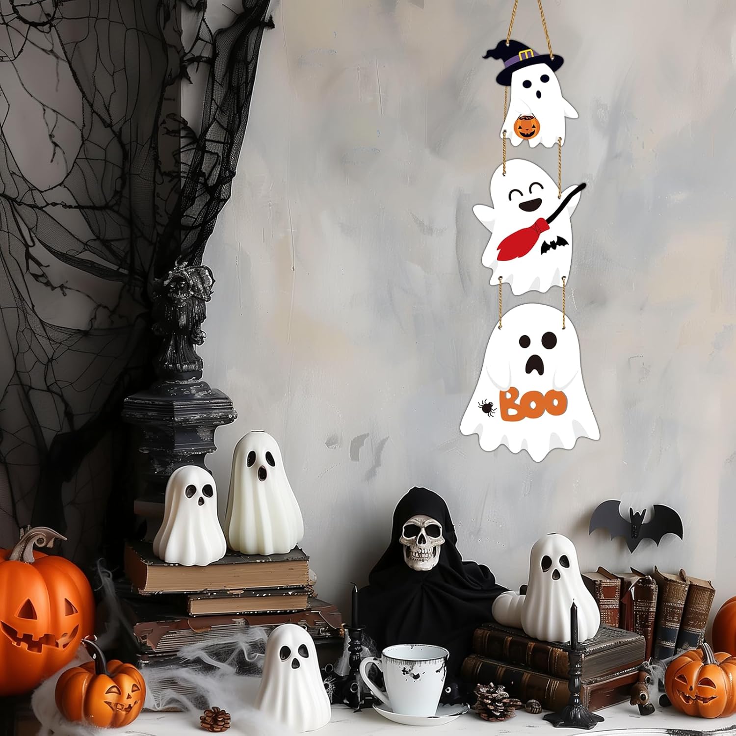 Cute Halloween Wreath with 3 Ghost Plaques Door Decor