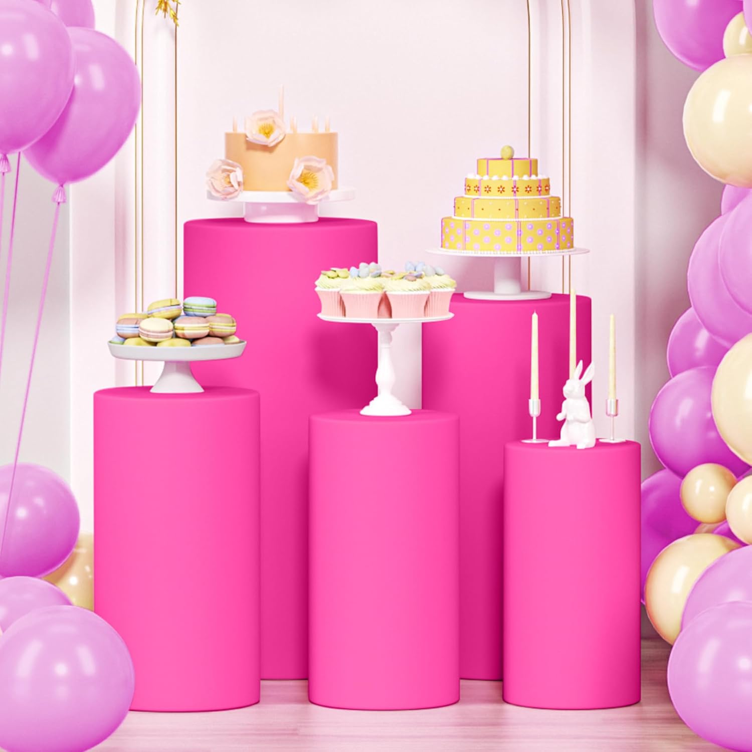 LEBENGURU 5Pcs Cylinder Pedestal Stand Covers Fushia Round Spandex
