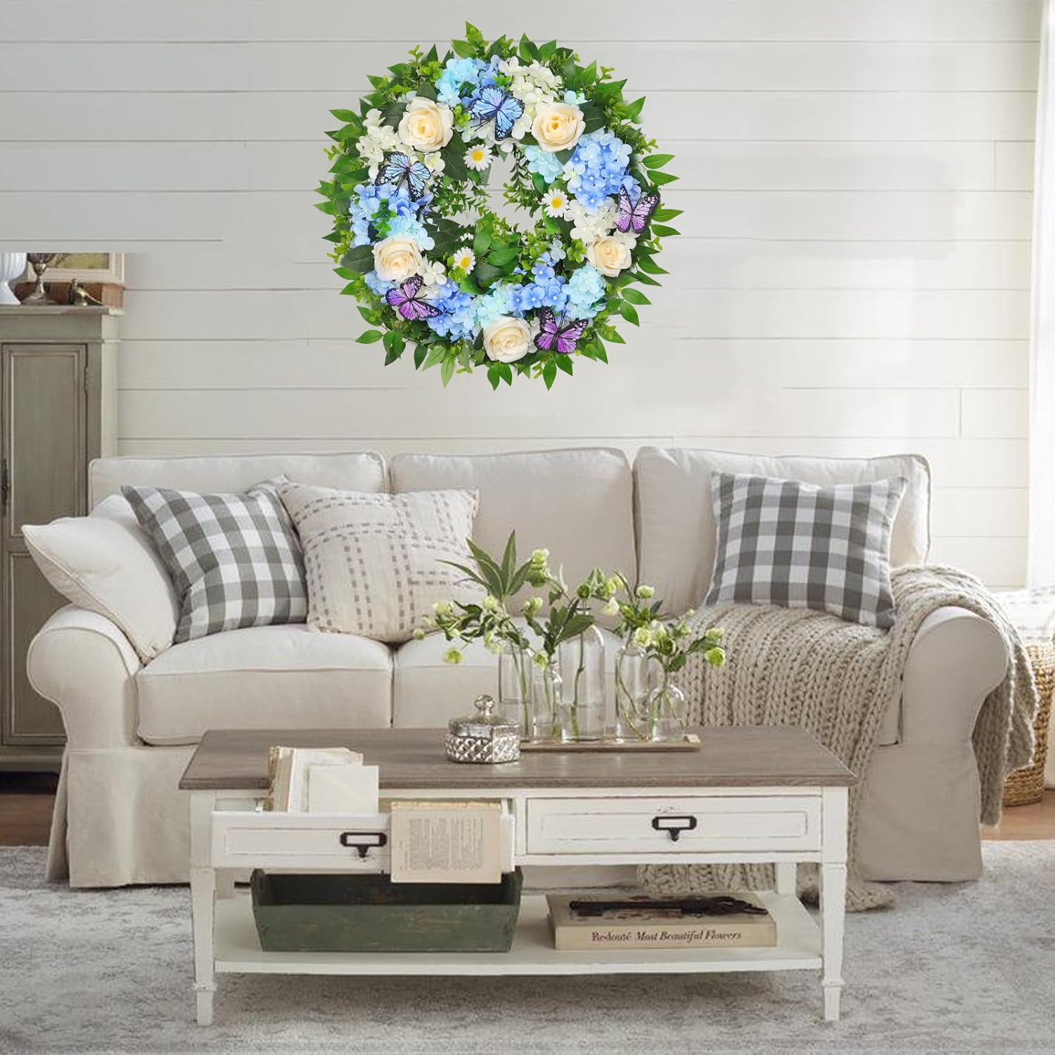 24 Inch Blue Hydrangea Wreath with Butterfly Lights Timer