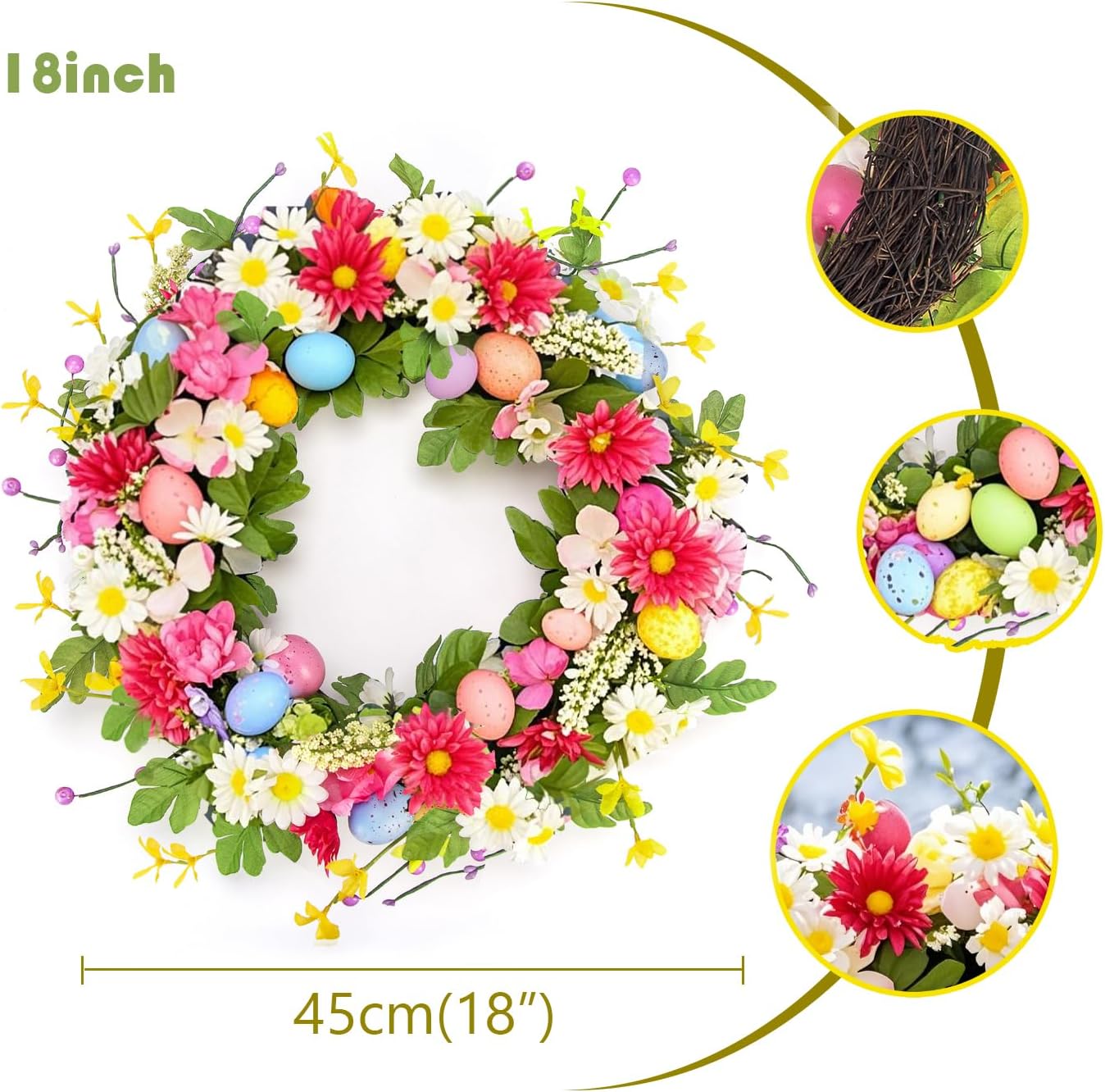 18 Inch Artificial Spring Door Wreath with Eggs and Flowers