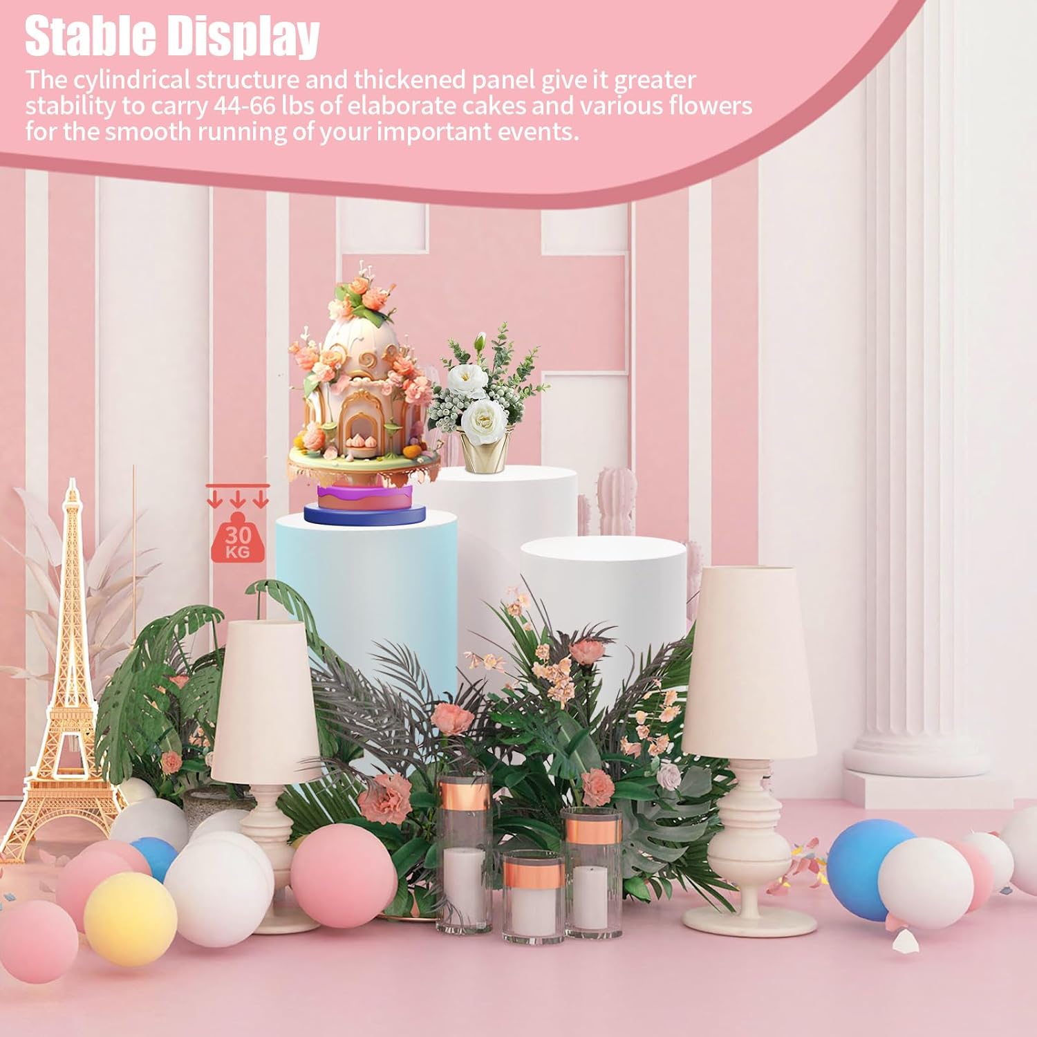 3Pcs Cylinder Pedestal Stand for Party Decor - White