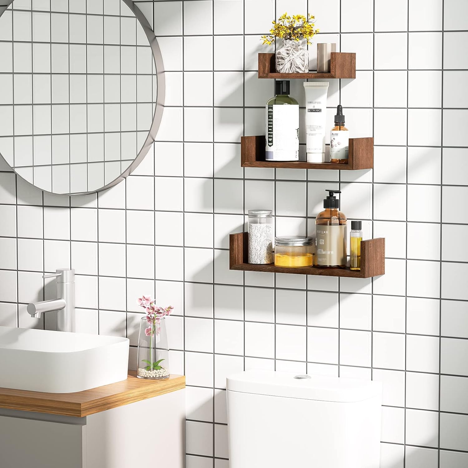 SRIWATANA Floating Wall Shelves Set of 3 Dark Brown