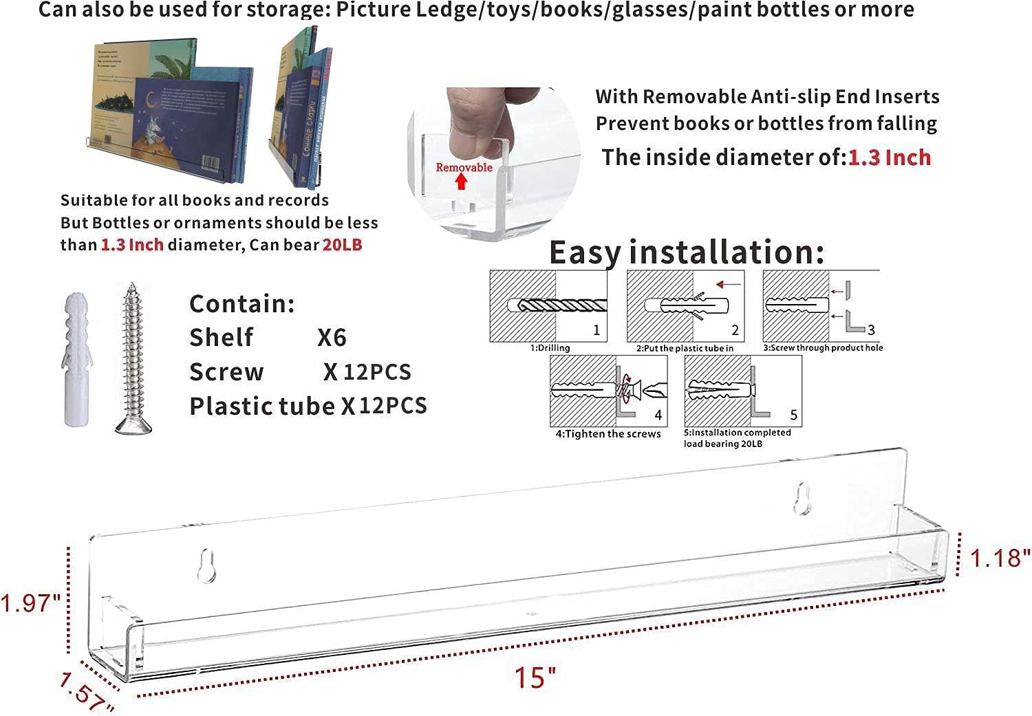 Cq Acrylic Invisible Clear Floating Bookshelf - 15 Wall Display Shelf Pack of 6