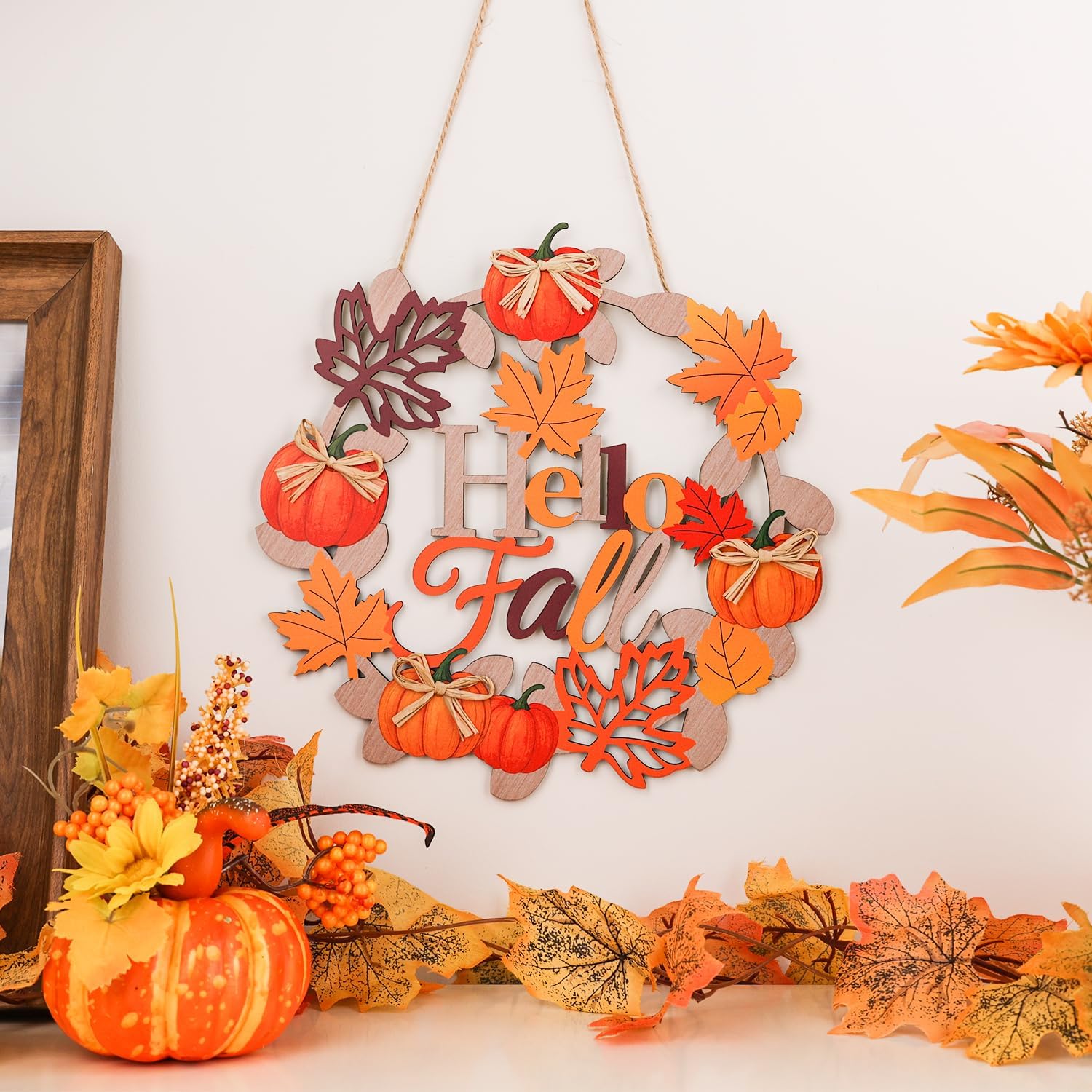 Aymolas Hello Fall Wreath Wooden Welcome Sign for Front Door