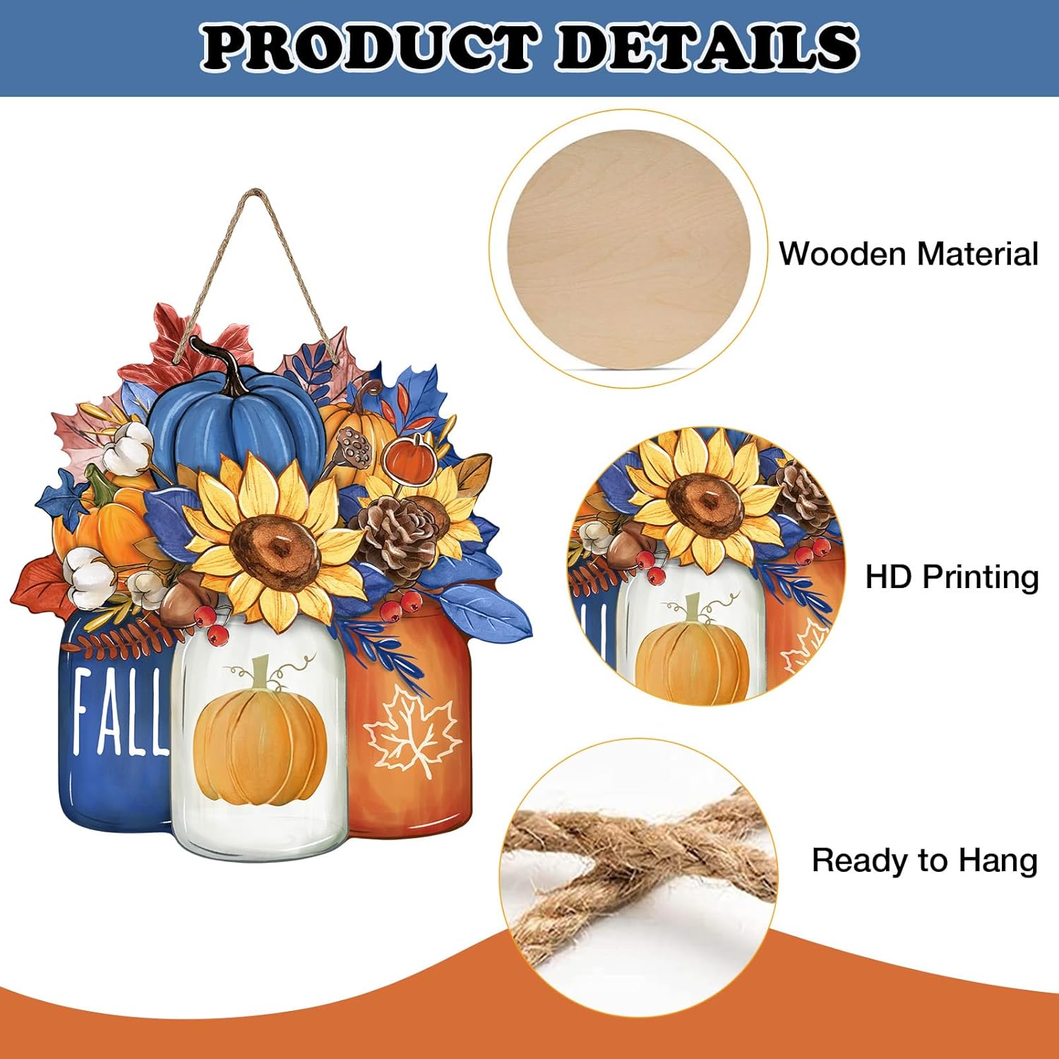 Fall Blue Pumpkin Sunflower Front Door Sign