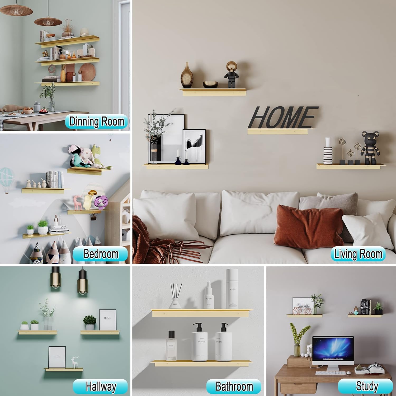 Metal Floating Shelves Set of 2 Brushed Gold Wall Shelves
