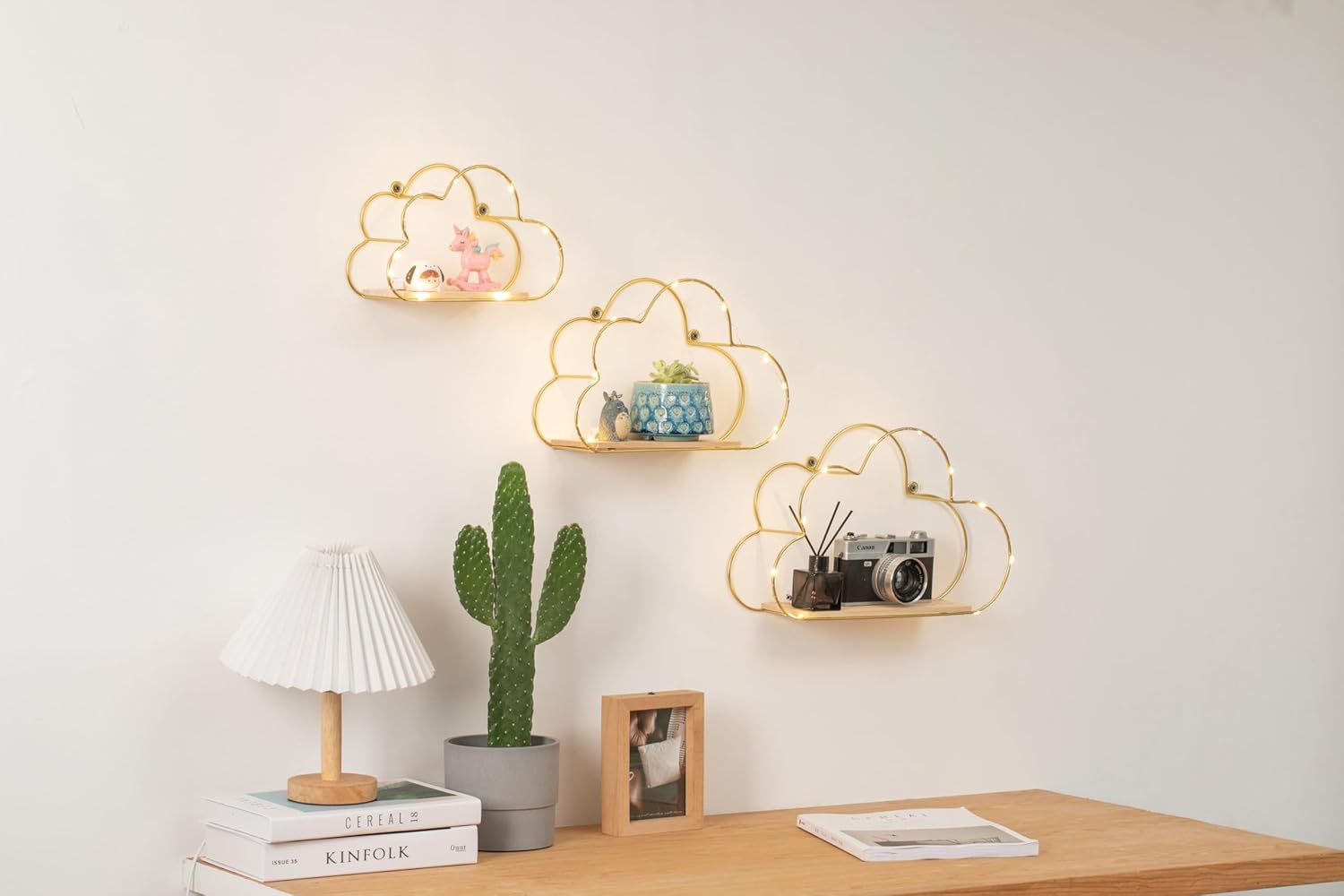 Golden Cloud Floating Shelves with LED Lights Set of 3