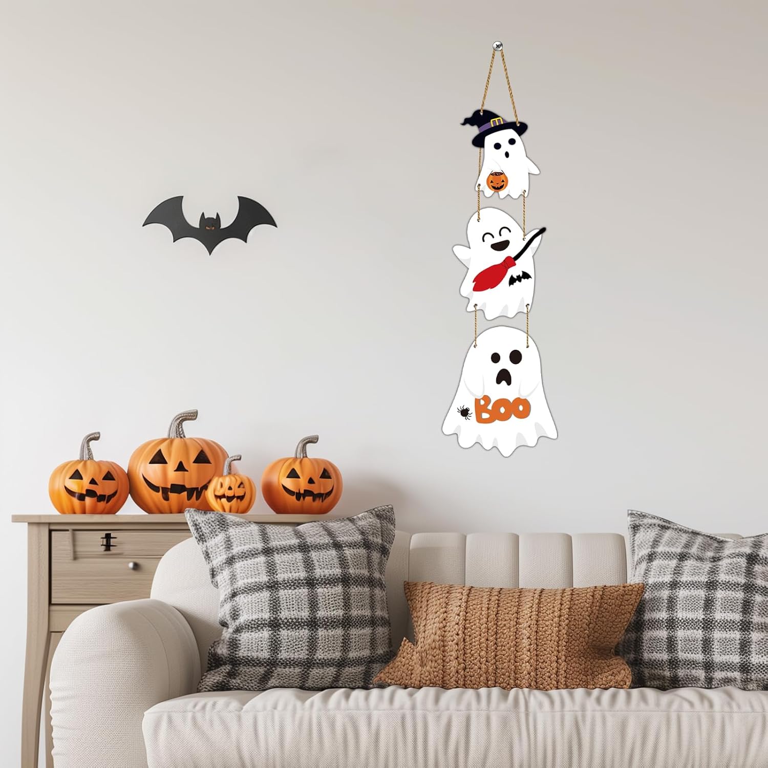 Cute Halloween Wreath with 3 Ghost Plaques Door Decor