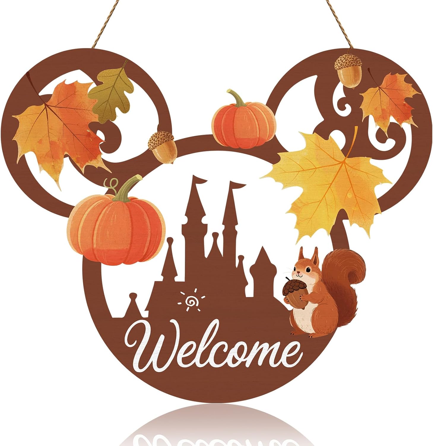 Welcome Fall Door Sign with Mouse Pumpkin Squirrel Hazelnut Maple Leaves