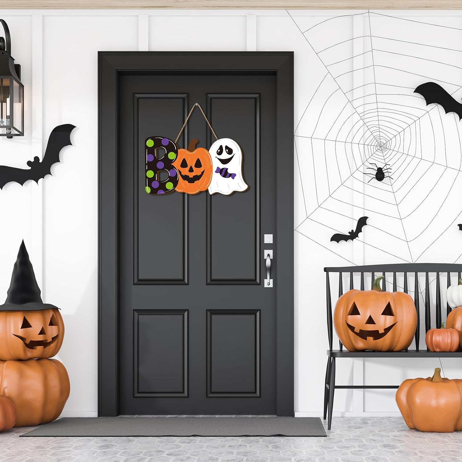 Halloween Wooden Door Hanger with Ghost and Pumpkin Design