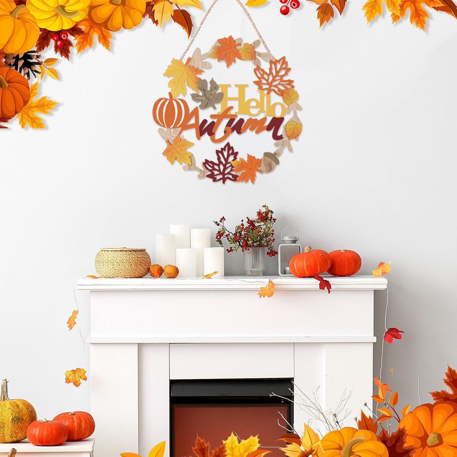 Hello Fall Sign Wooden Welcome Wreath for Front Door