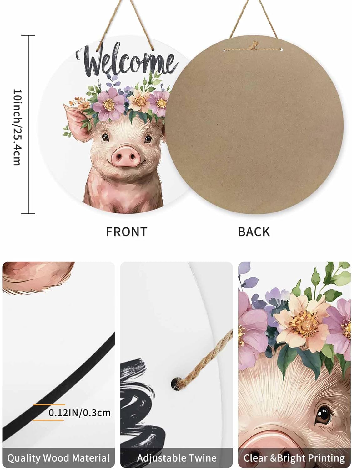 10 Inch Pink Pig Welcome Sign Wood Door Wreath