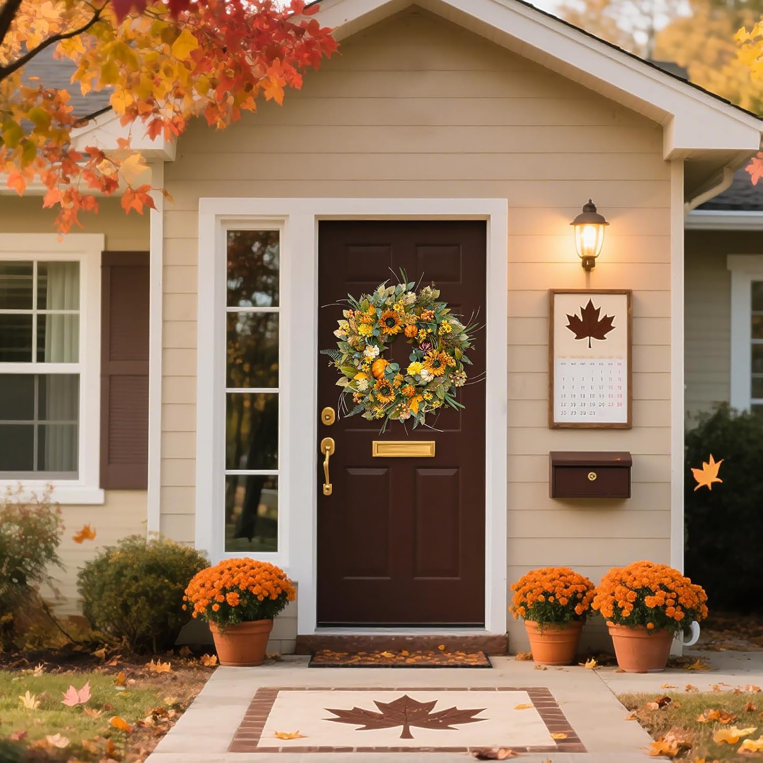 24 Inch Fall Wreath with Sunflowers Pumpkins Leaves for Front Door