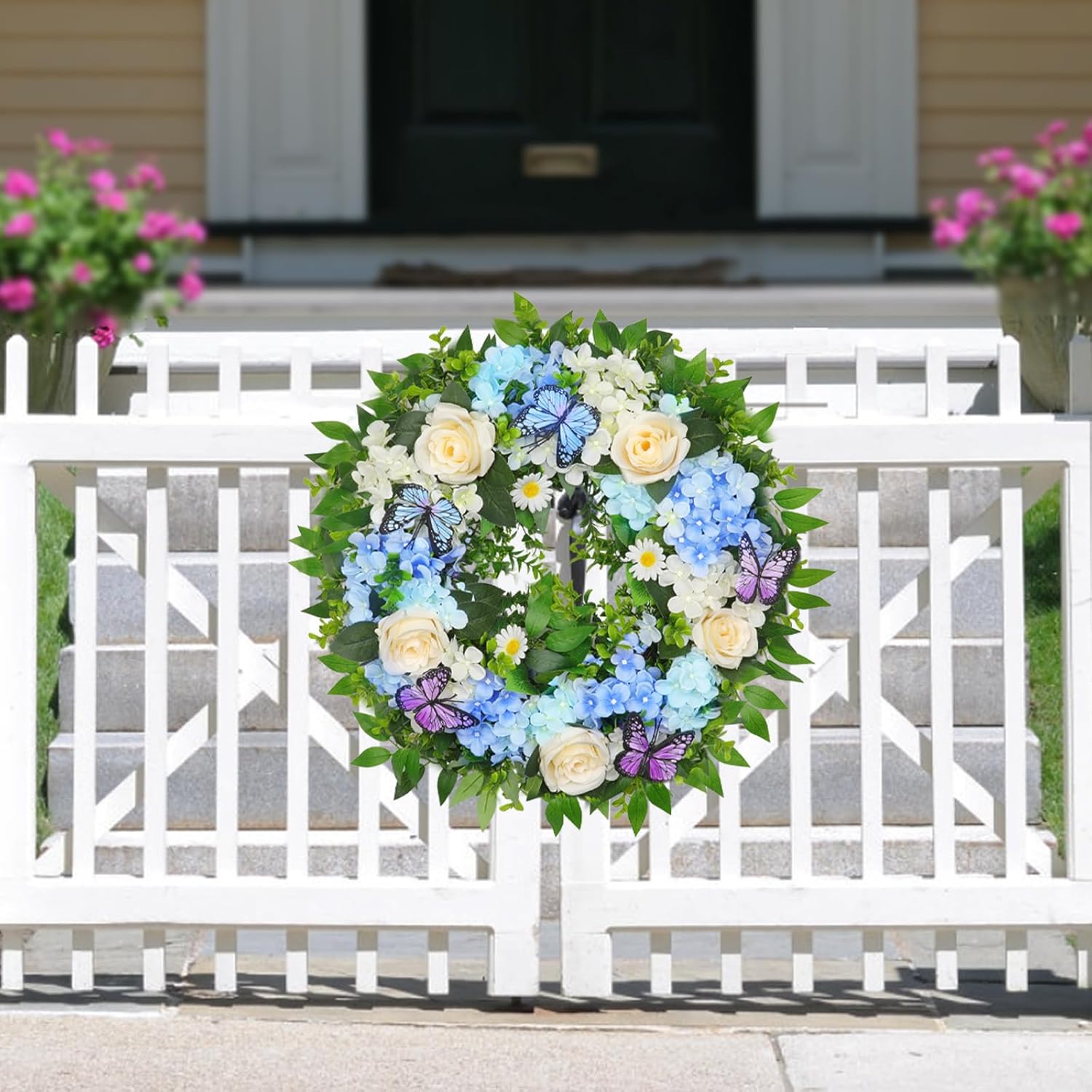 24 Inch Blue Hydrangea Wreath with Butterfly Lights Timer