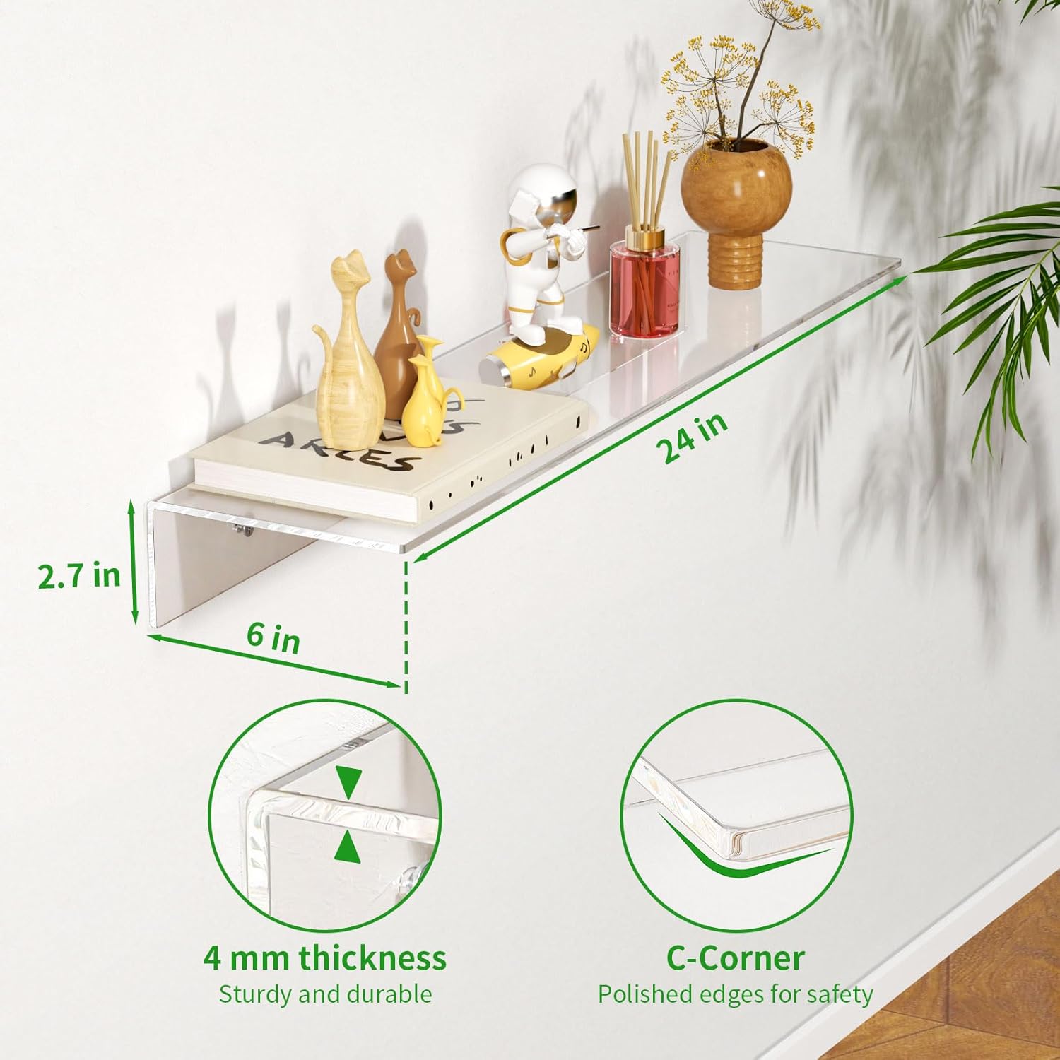FEMELI 2PCS 24 Clear Acrylic Floating Shelves for Wall Mounting