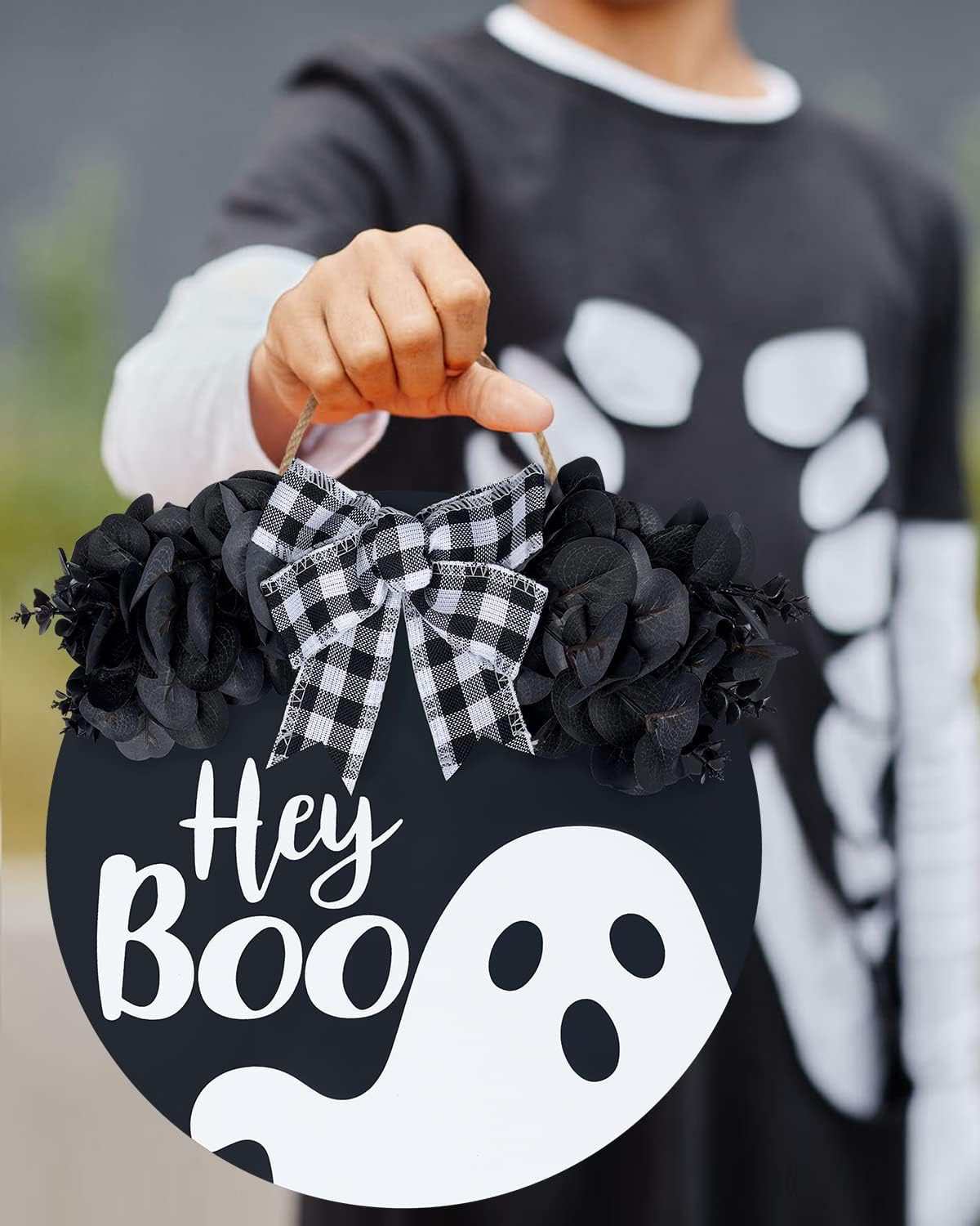 Black Halloween Wreath with Hey Boo Sign