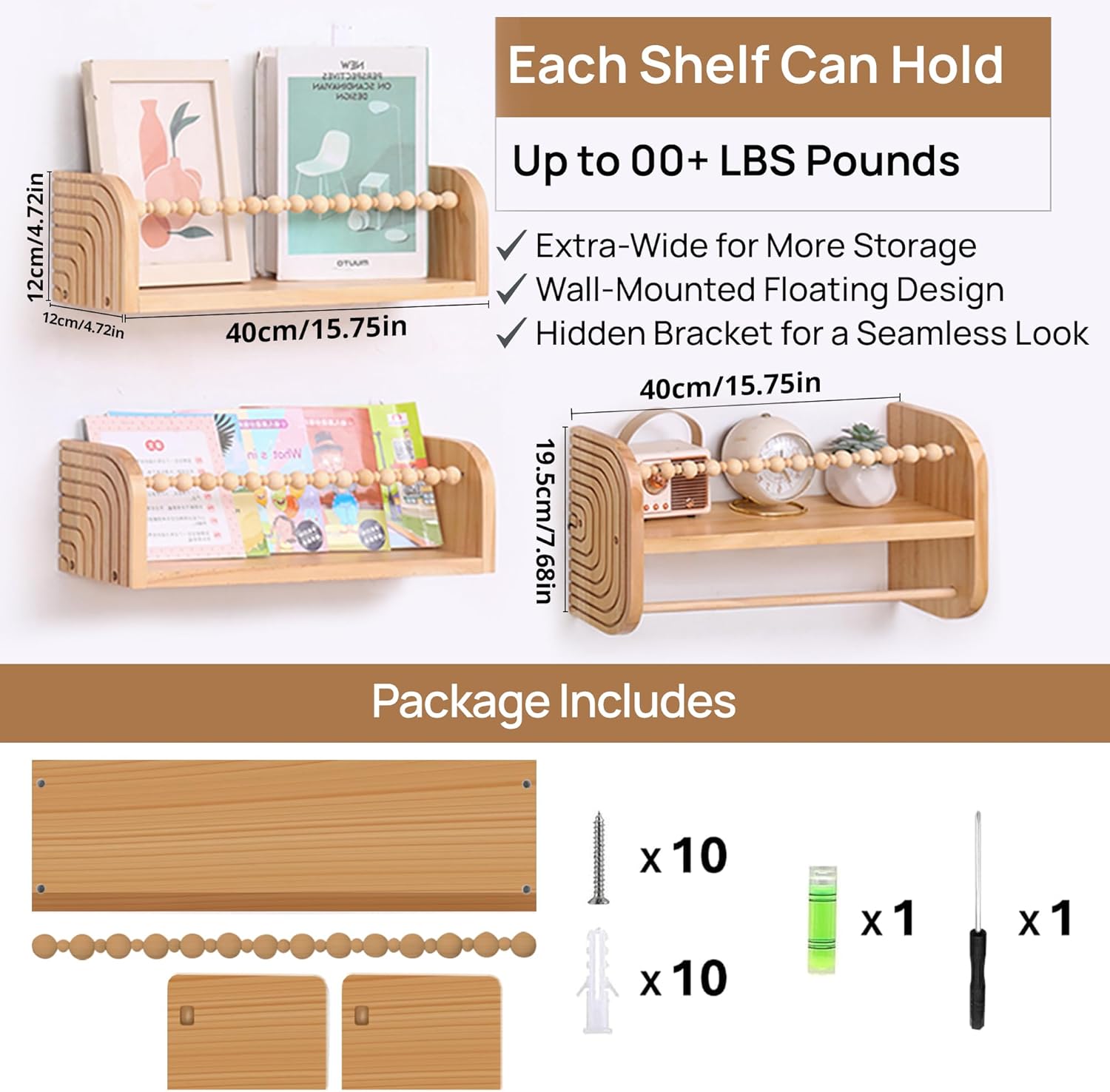SAGs Store Floating Bookshelves Set of 3 Natural Wood