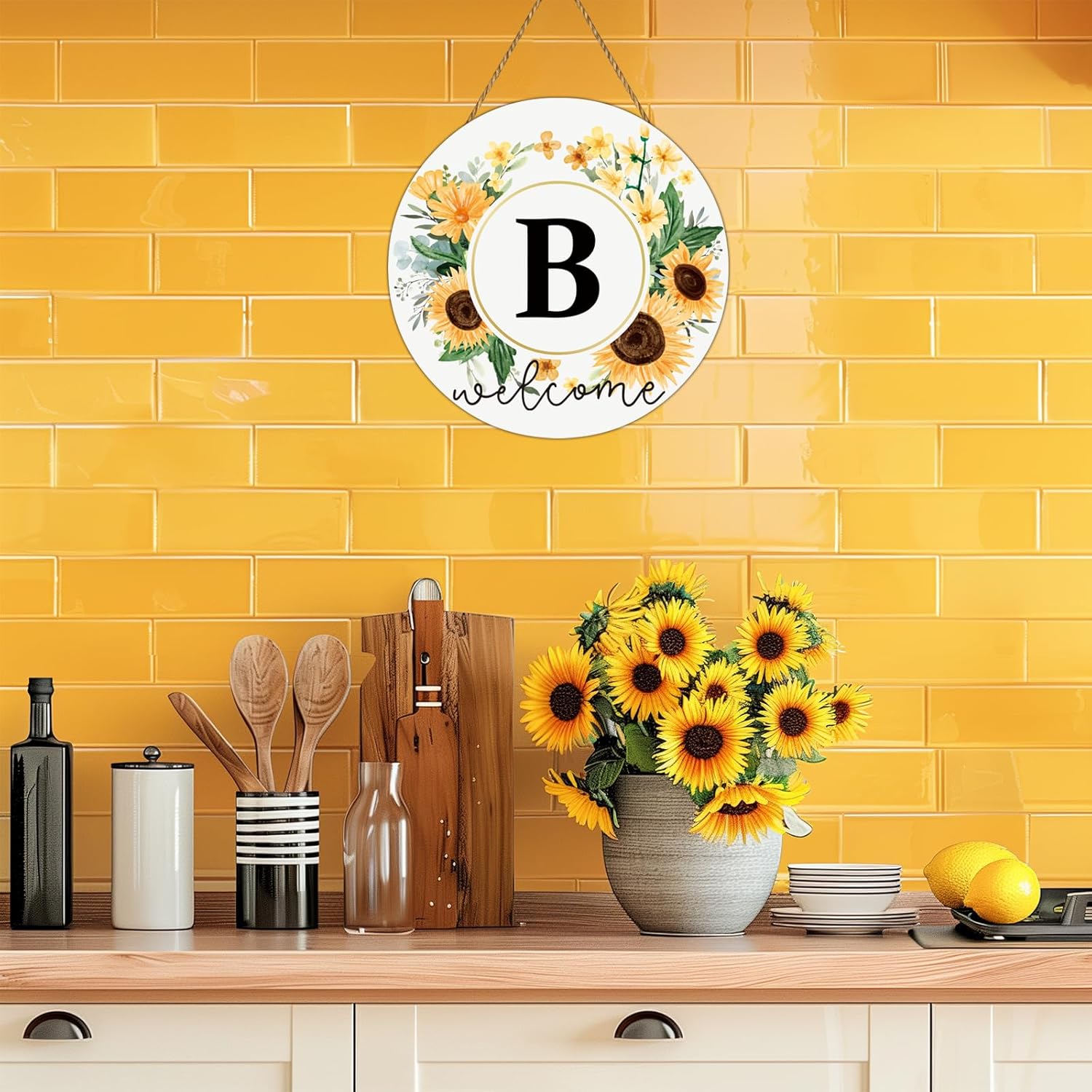 Sunflower Monogram Letter B Wreath Welcome Sign