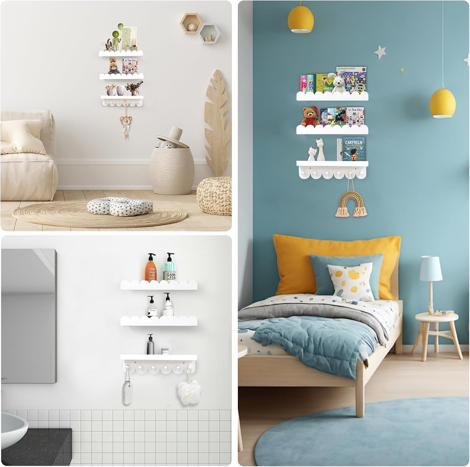 Floating Nursery Book Shelves with Hooks Set of 3 White