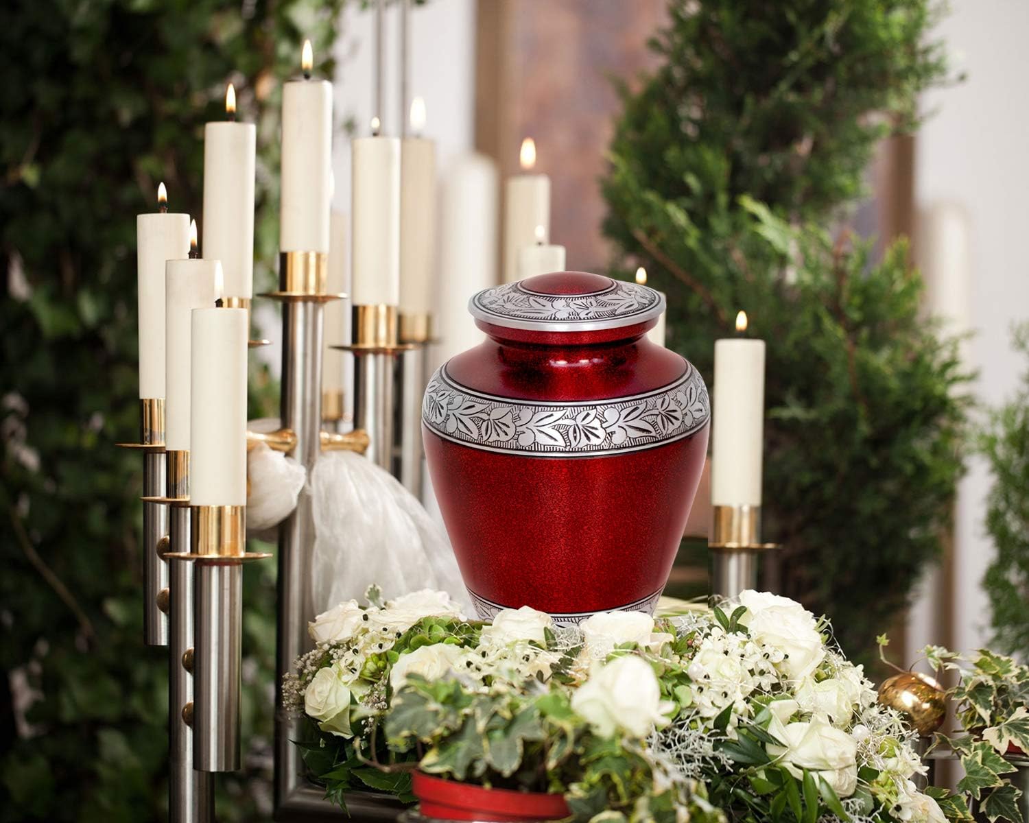 Elite Crimson Cloud and Silver Cremation Urn - Large Adult Urn with Free Bag
