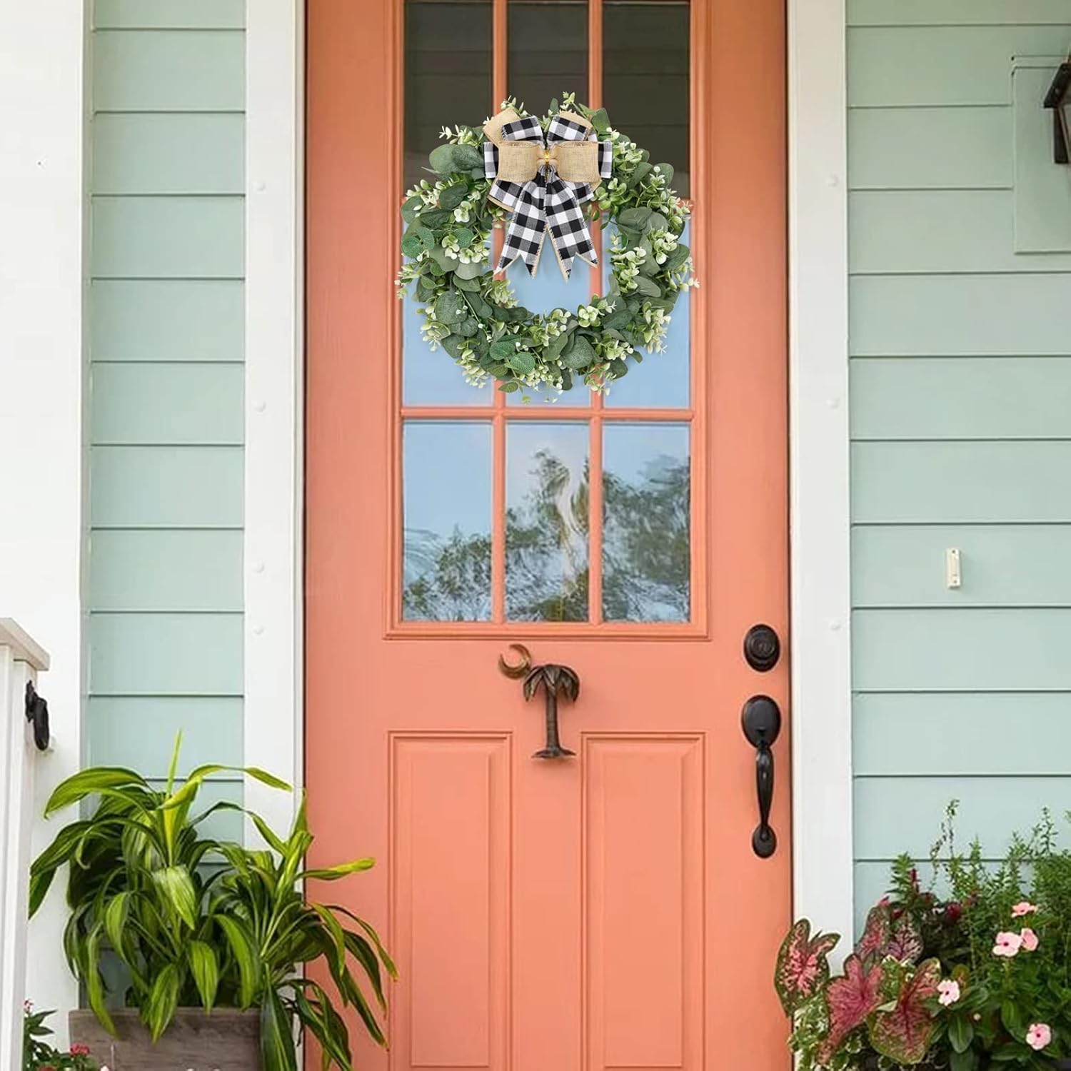 Dremisland Buffalo Plaid Wreath 16 Inch Artificial Eucalyptus Wreath with Plaid Bow