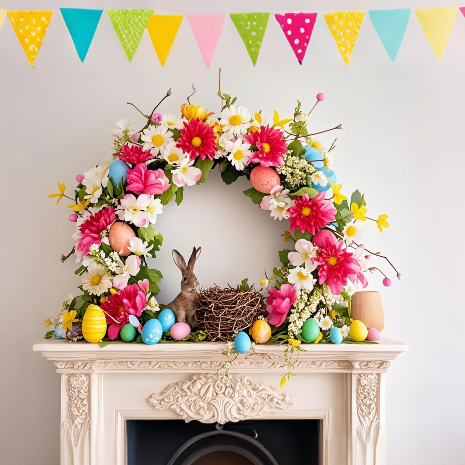 18 Inch Artificial Spring Door Wreath with Eggs and Flowers