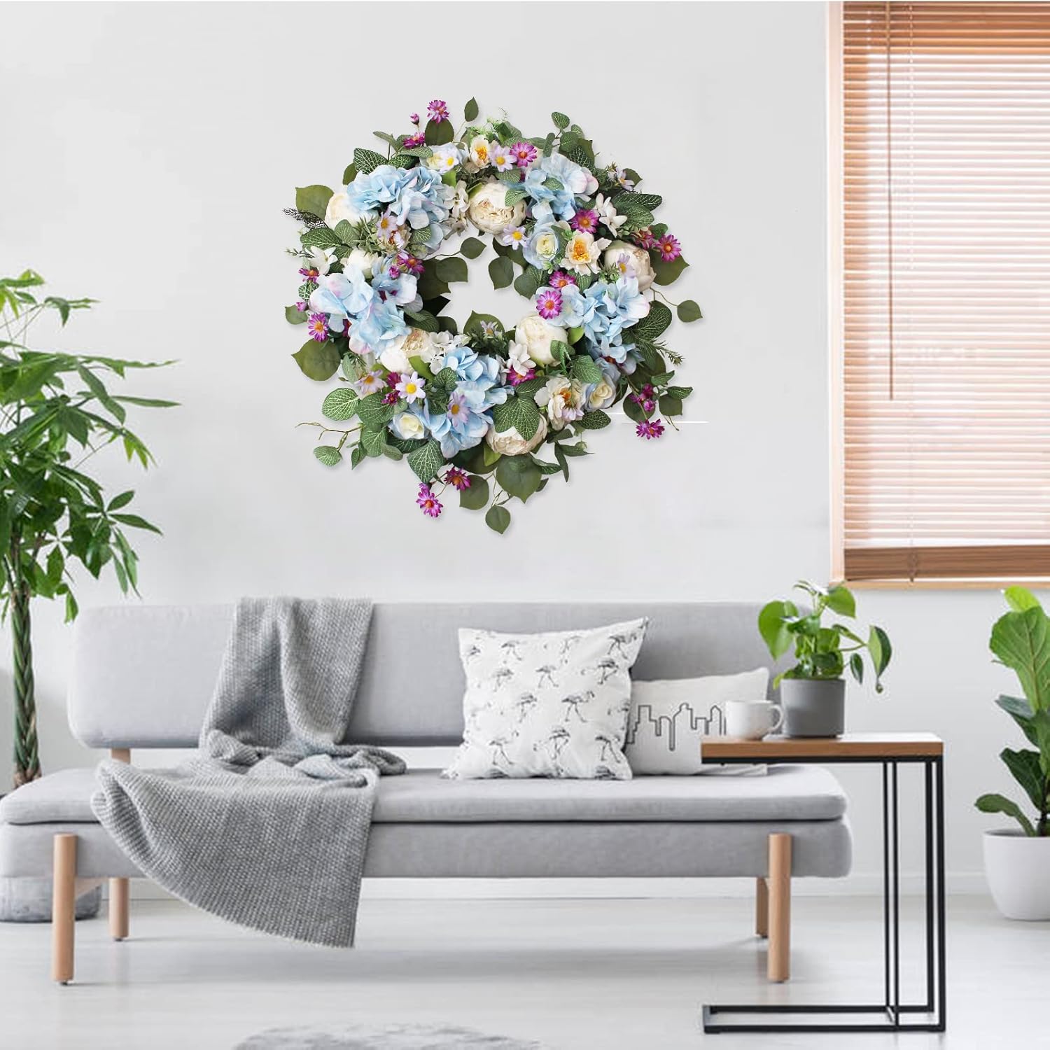 24 Inch Blue Hydrangea Wreath for Front Door