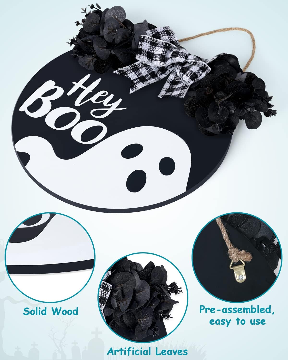 Black Halloween Wreath with Hey Boo Sign