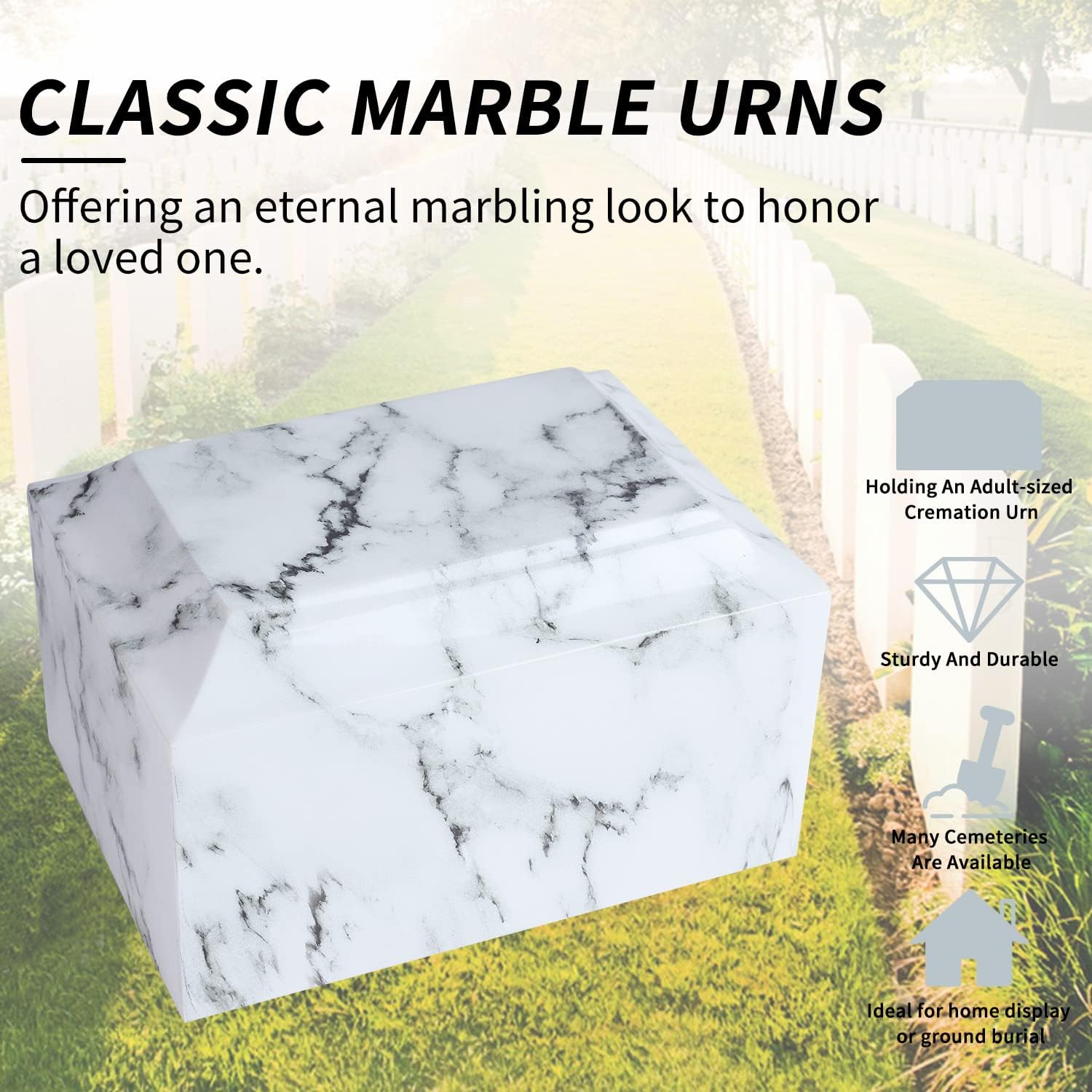 White Classic Cultured Marble Cremation Urn for Adult Ashes