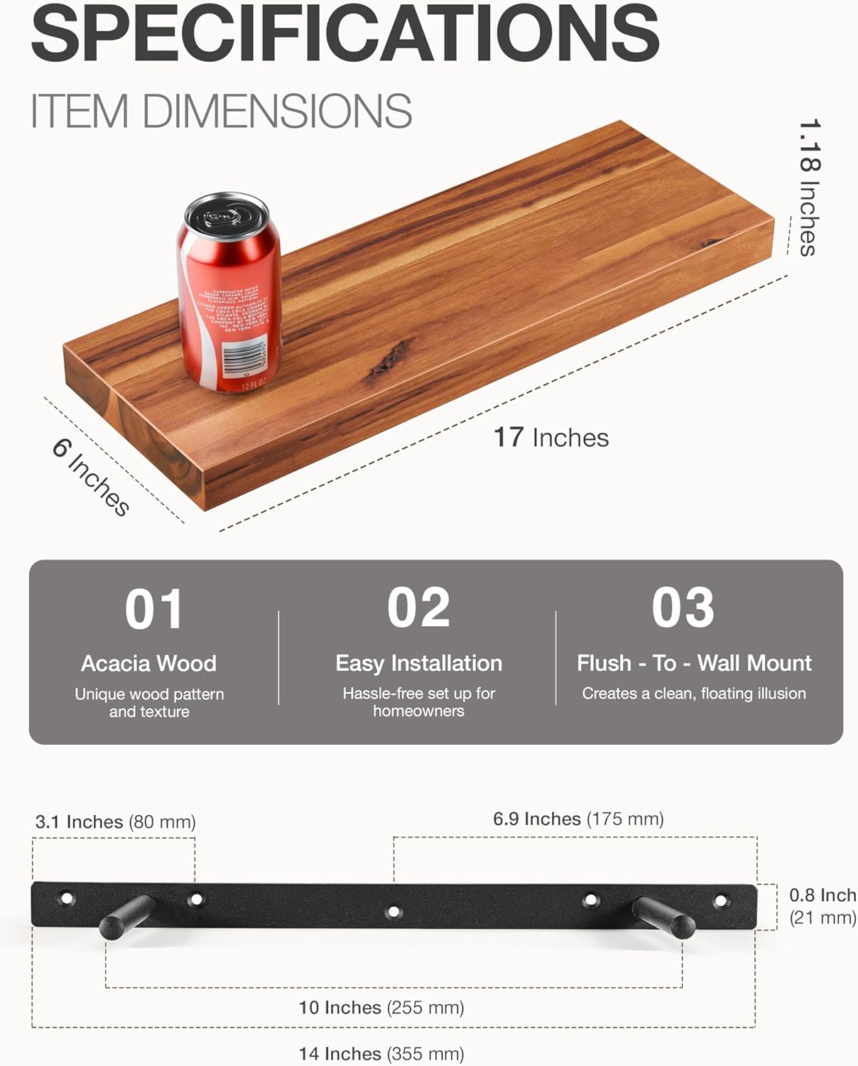 BATODA Set of 2 17 Acacia Wood Floating Shelves Wall Mounted
