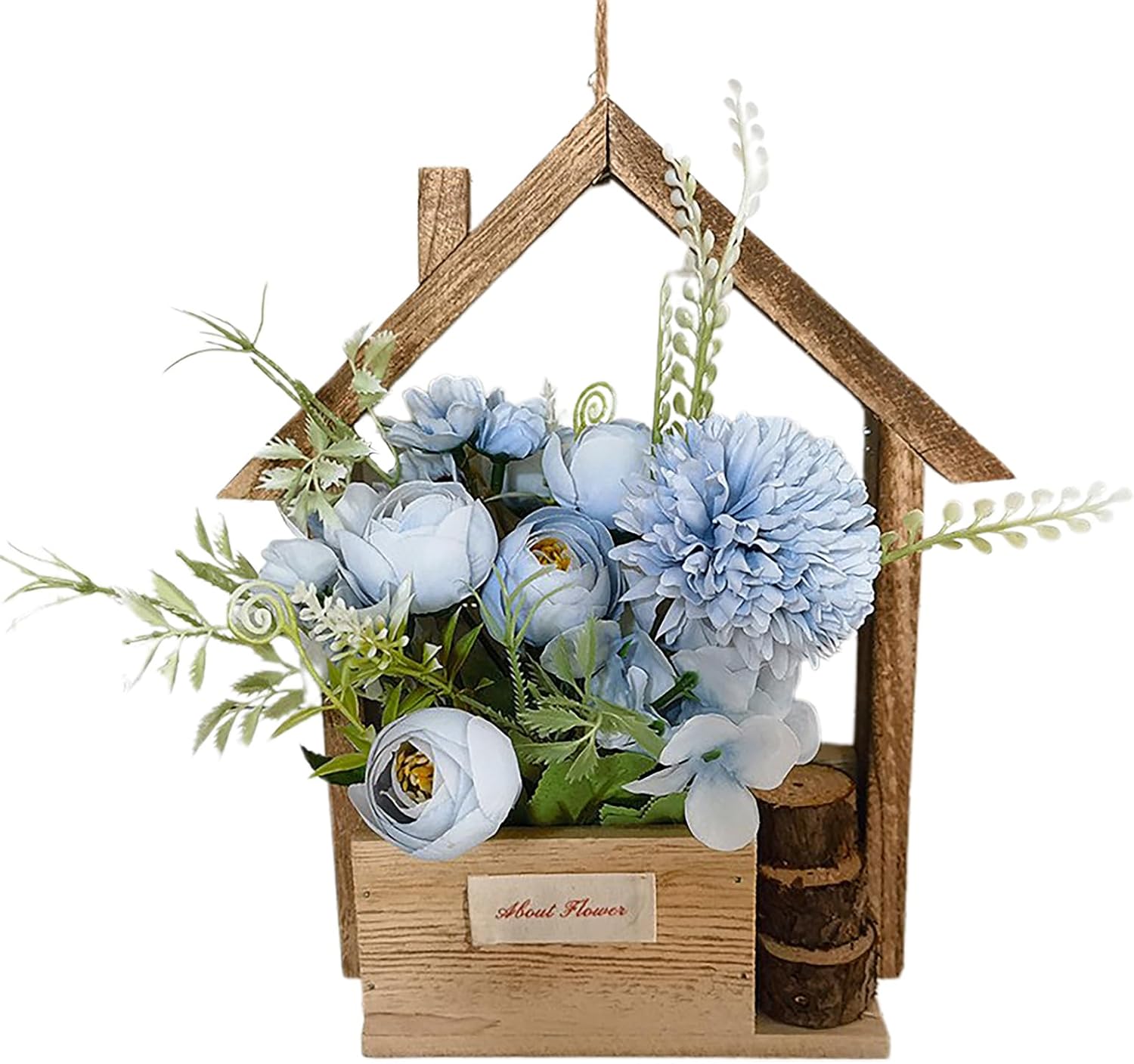 Wooden Door Hanging Basket with Silk Flowers and Ribbon Wreath
