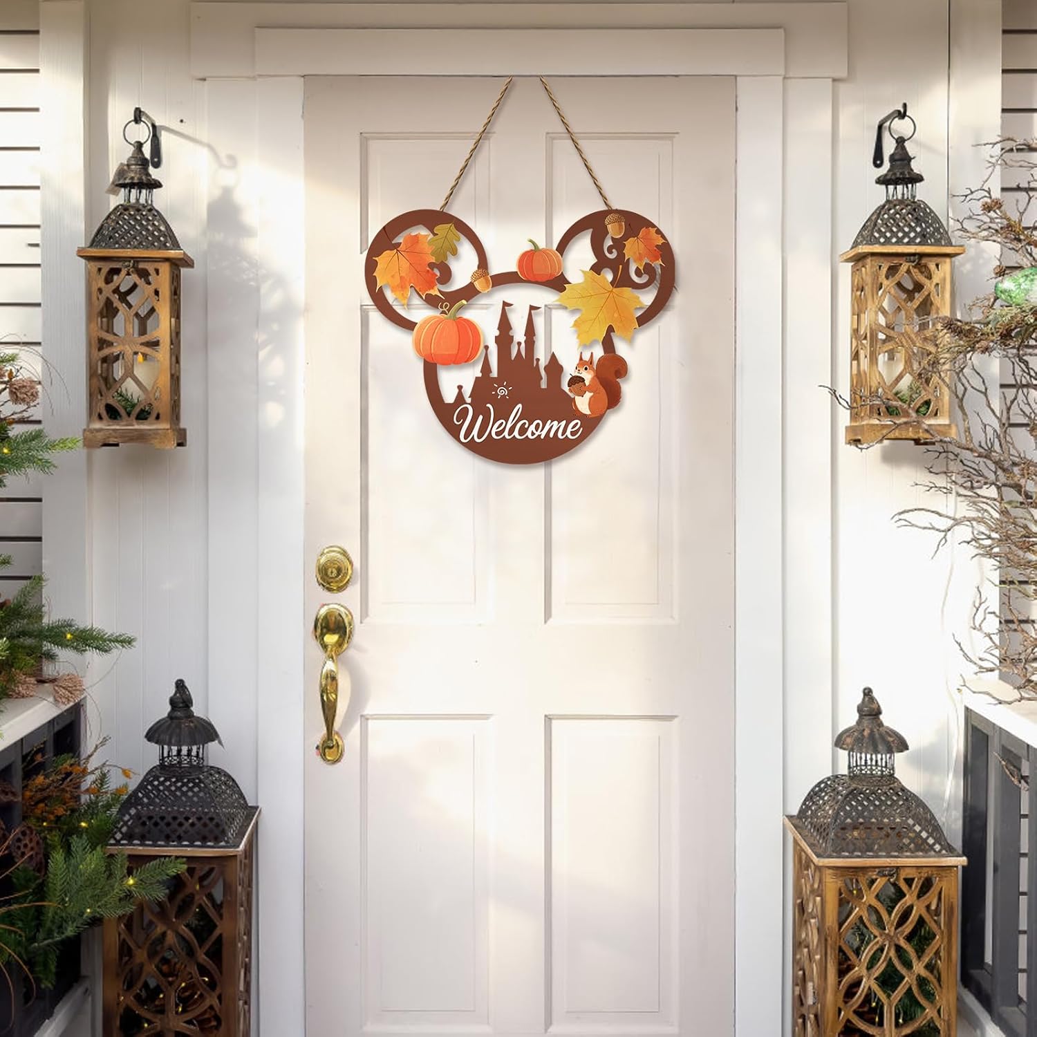 Welcome Fall Door Sign with Mouse Pumpkin Squirrel Hazelnut Maple Leaves