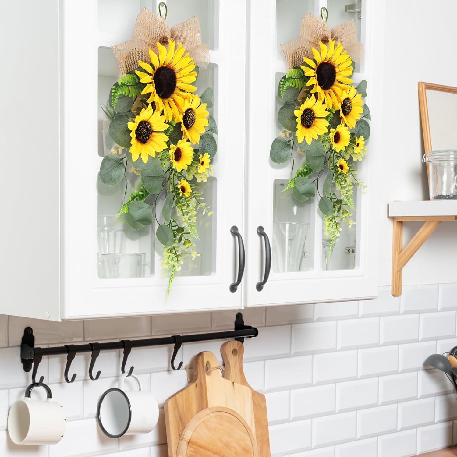 24 inch Artificial Sunflowers Teardrop Wreath with Burlap Bow
