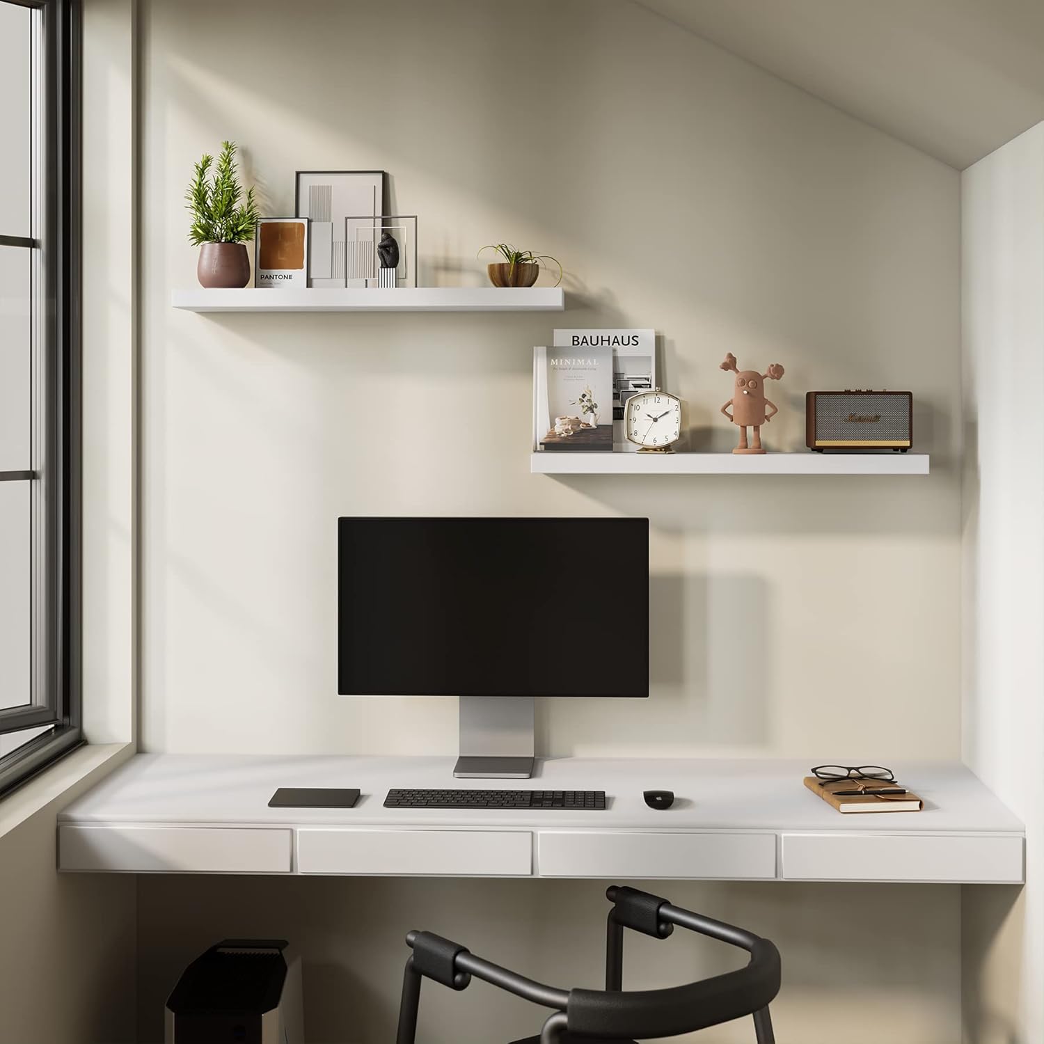 BAMEOS Floating Shelves Set of 2 White Wall Mounted Wood Shelves