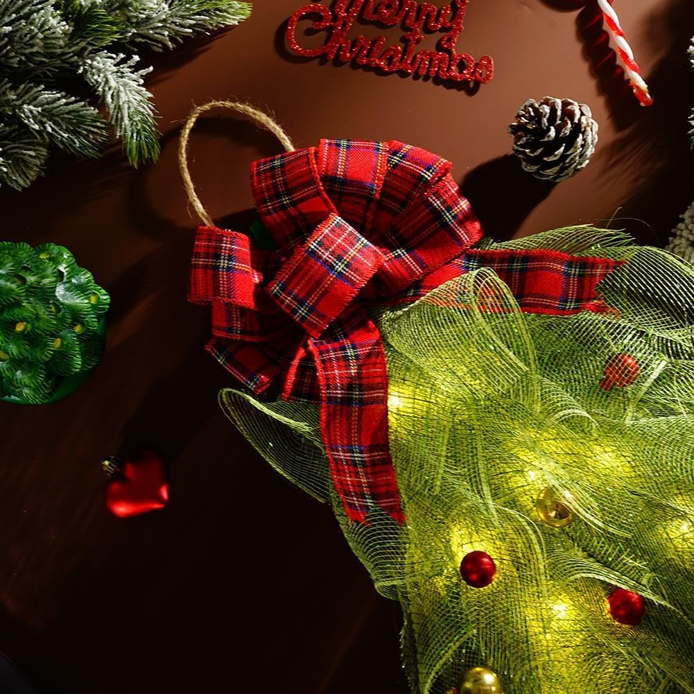 Handmade Christmas Wreath with Red Bow and Lights for Front Door