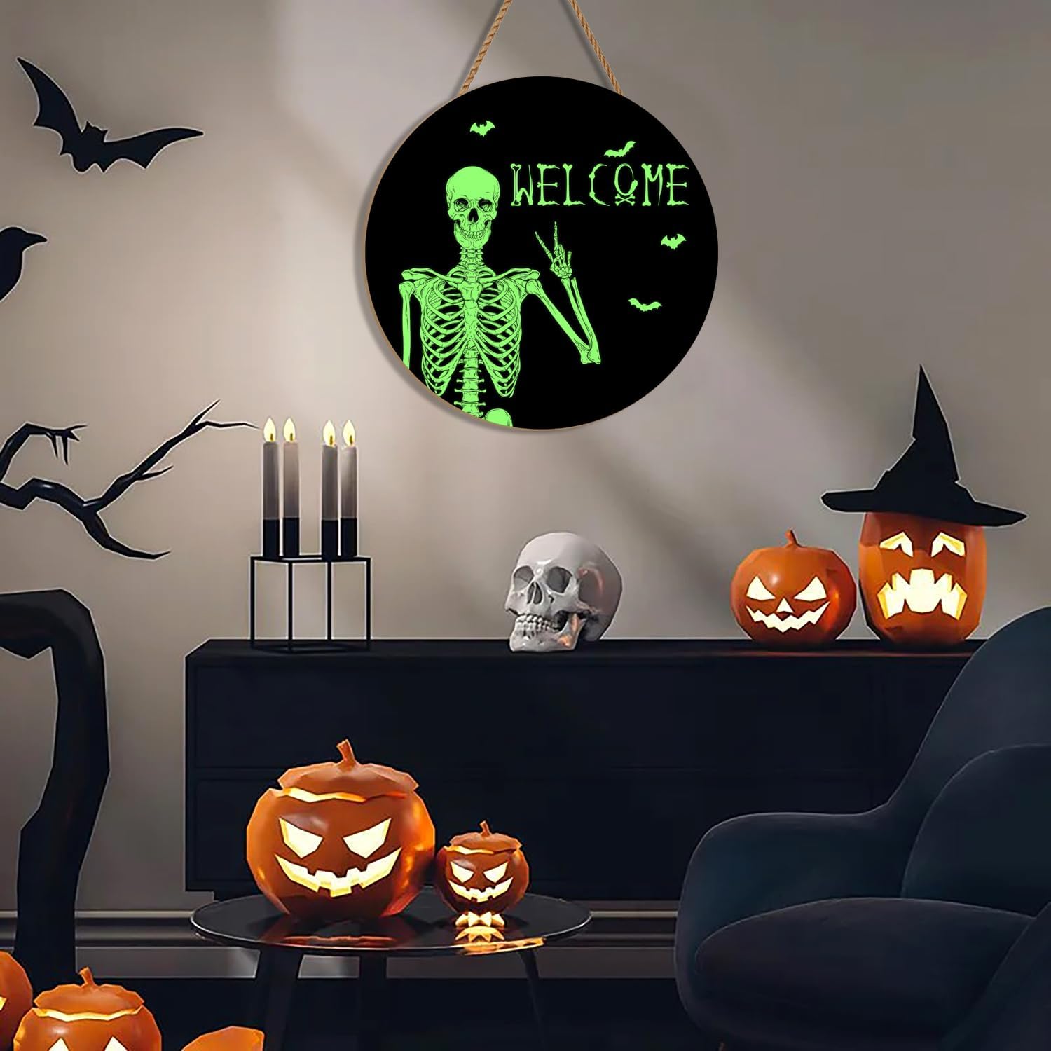 Halloween Door Wreath Skull Welcome Sign 12 Inch