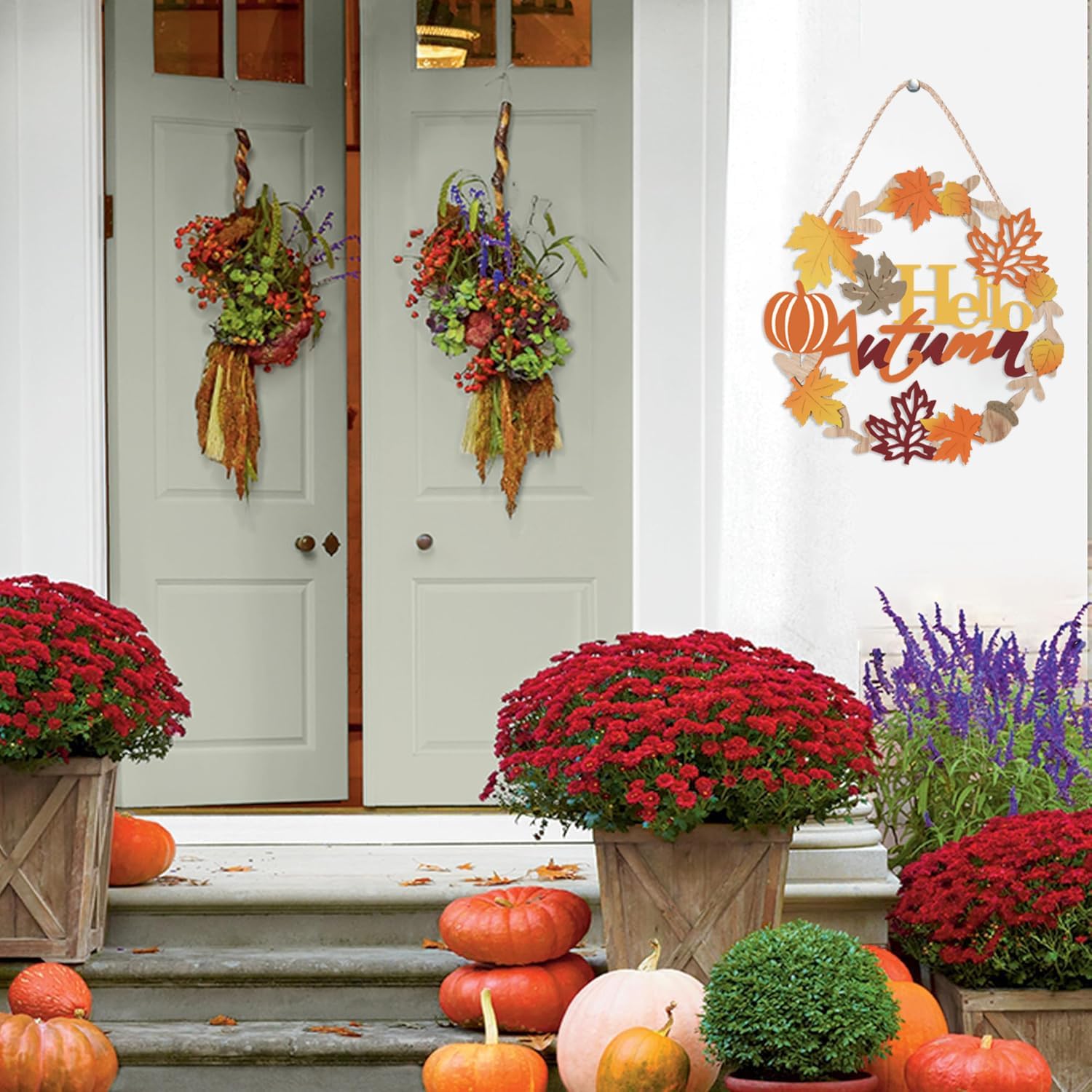 Hello Fall Sign Wooden Welcome Wreath for Front Door