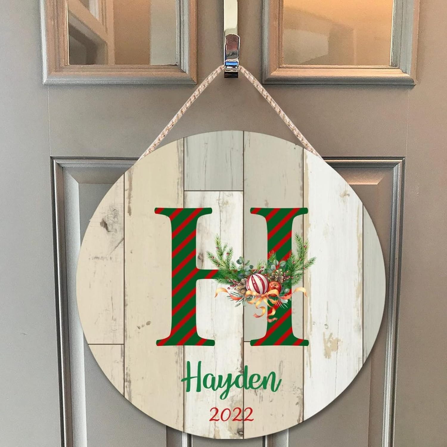 Custom Name Initial Farmhouse Door Hanger with Green Red Stripes