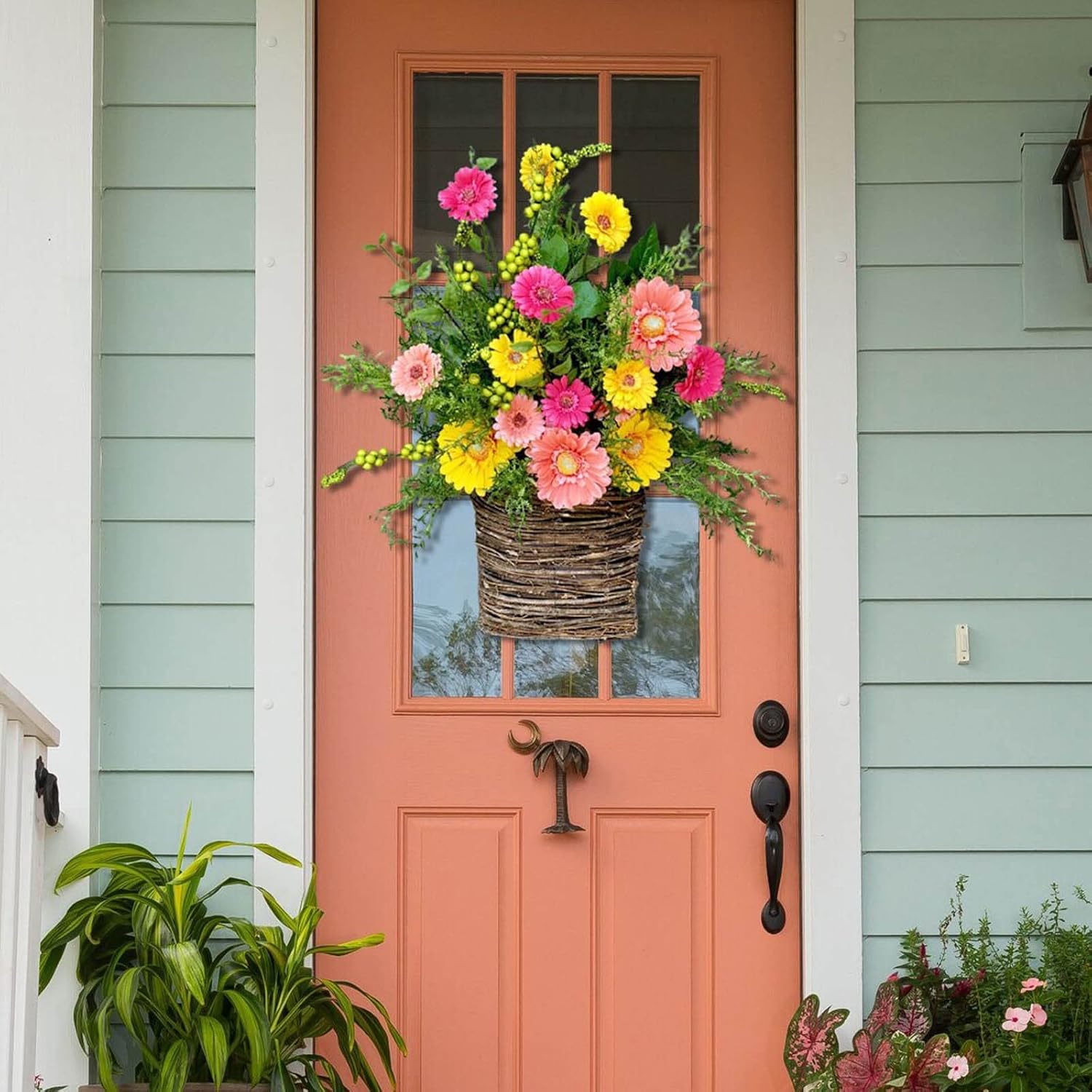 Cream Hydrangea Door Wreath with Basket and Rattan