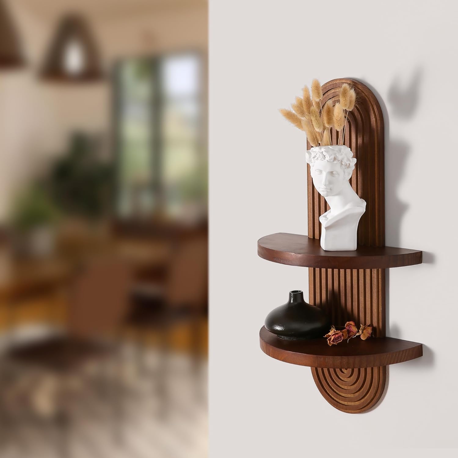 Modern Wall Shelf with Arched Wood Design Walnut