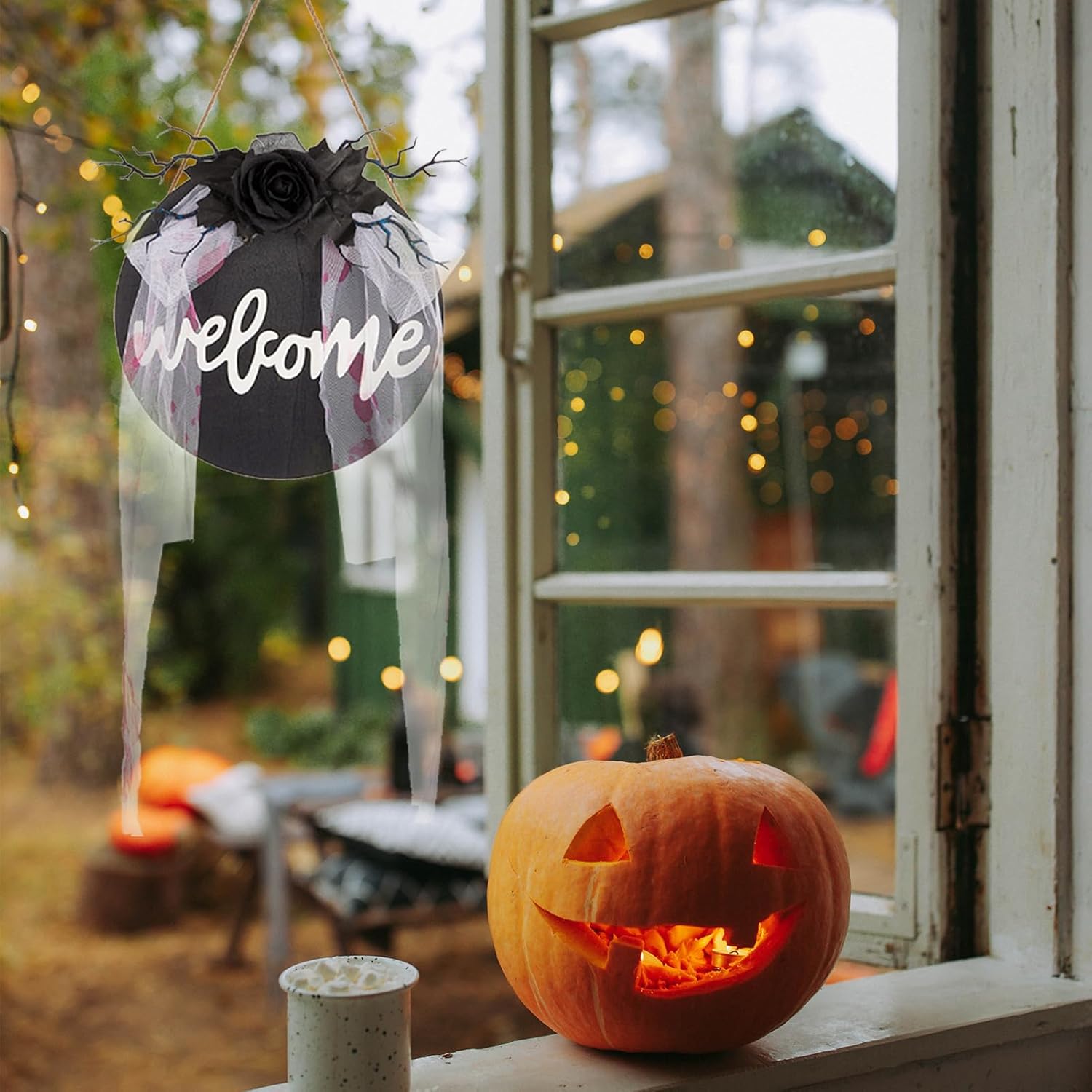 Halloween Welcome Sign Wooden Door Hanging Wreath