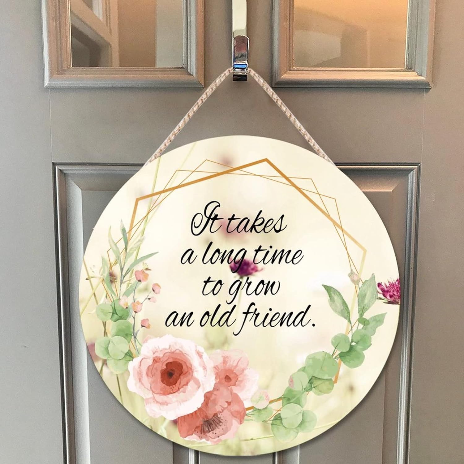 Farmhouse Door Hanger Floral Wreath 12x12in Wood Sign