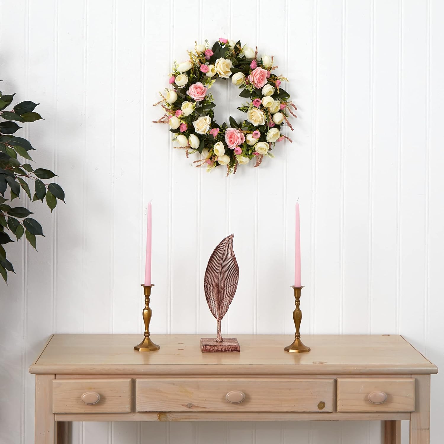 Nearly Natural 20in White and Pink Rose Artificial Wreath