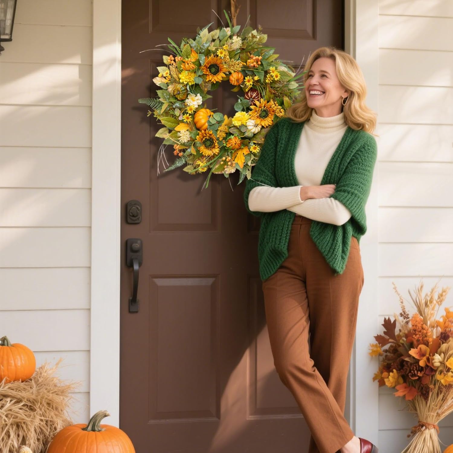 24 Inch Fall Wreath with Sunflowers Pumpkins Leaves for Front Door