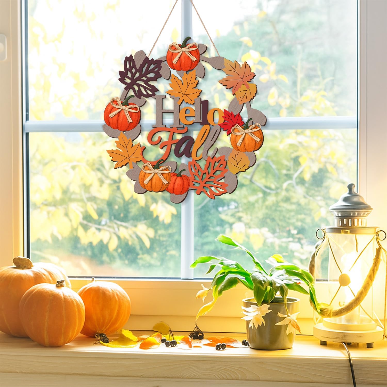 Aymolas Hello Fall Wreath Wooden Welcome Sign for Front Door