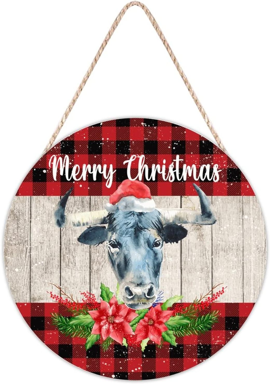 Farmhouse Door Hanger Christmas Cow Red Buffalo Plaid Wood Sign